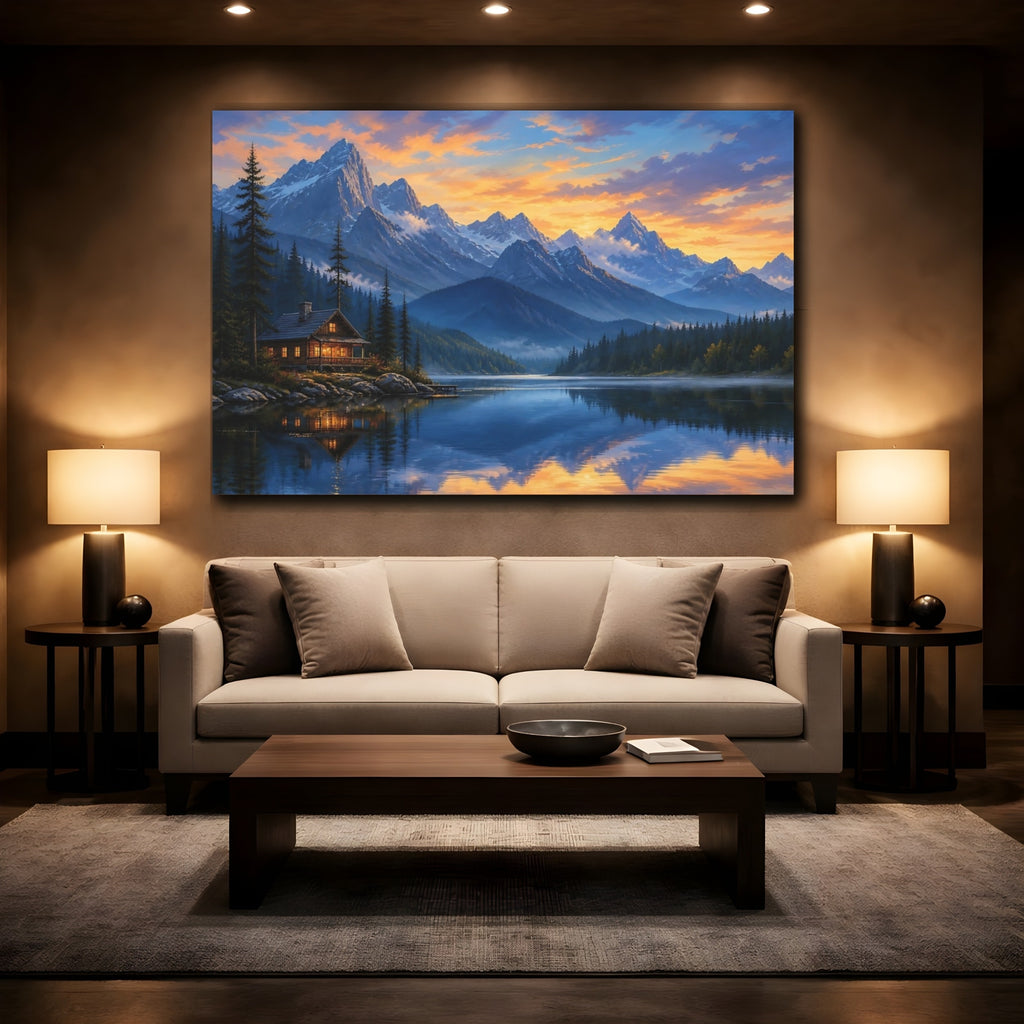 Mockup 2. Nature Mountain Lake Orange Blue Landscape shown as stretched canvas wall art