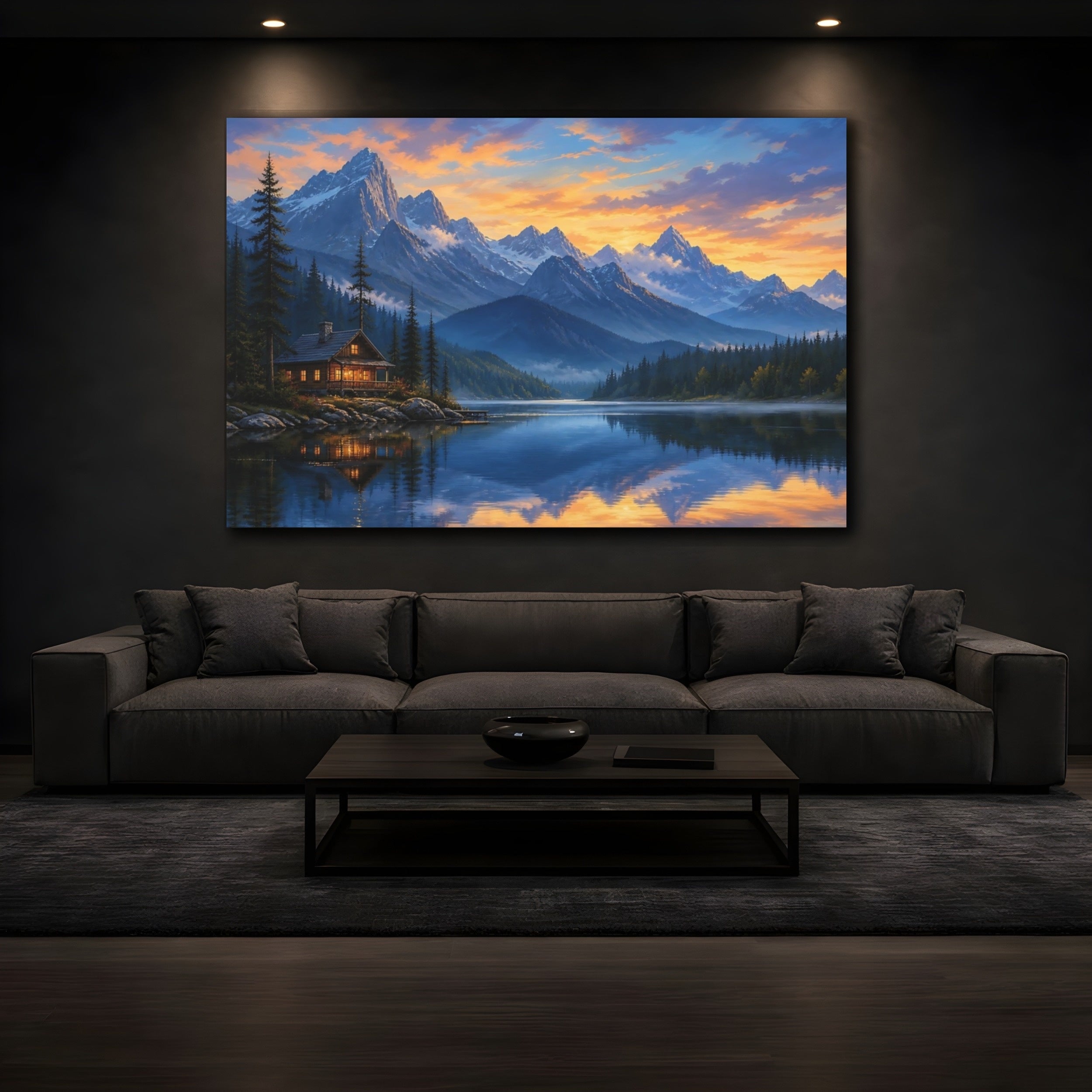 Mockup 3. Nature Mountain Lake Orange Blue Landscape shown as stretched canvas wall art