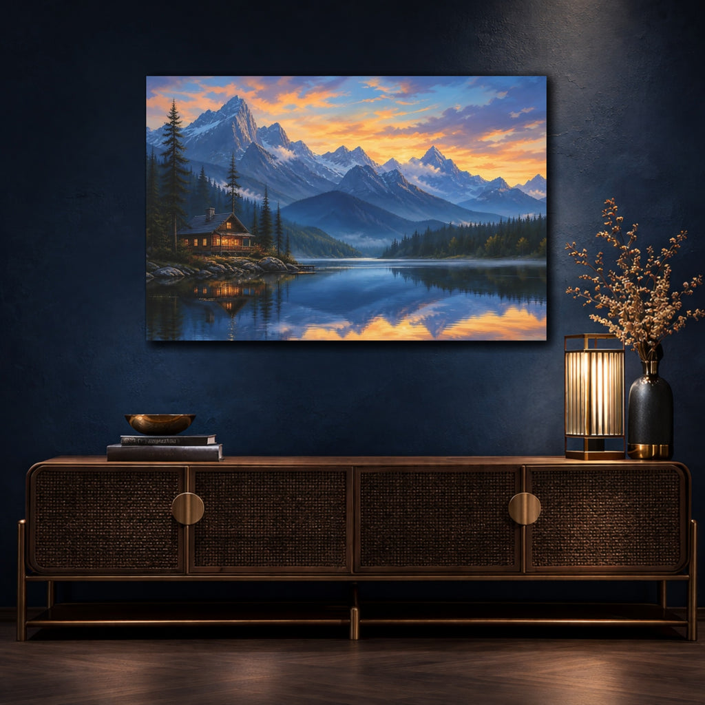 Mockup 4. Nature Mountain Lake Orange Blue Landscape shown as stretched canvas wall art