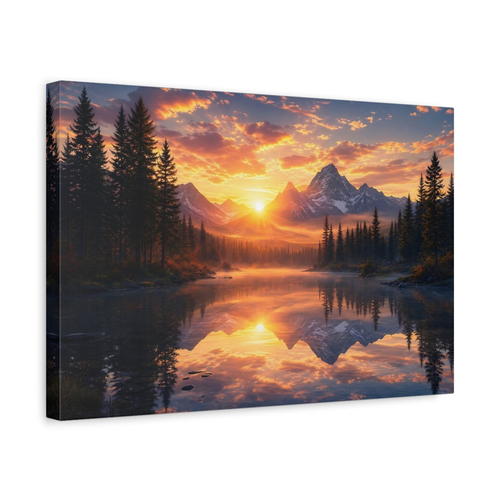 Side Mockup 4. Nature Mountain Lake Orange Sunset shown as stretched canvas wall art