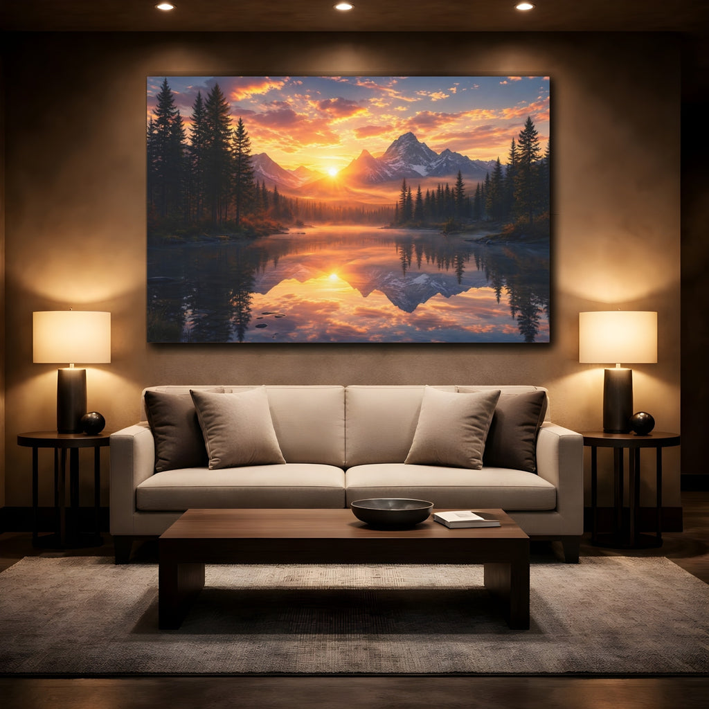 Mockup 2. Nature Mountain Lake Orange Sunset shown as stretched canvas wall art
