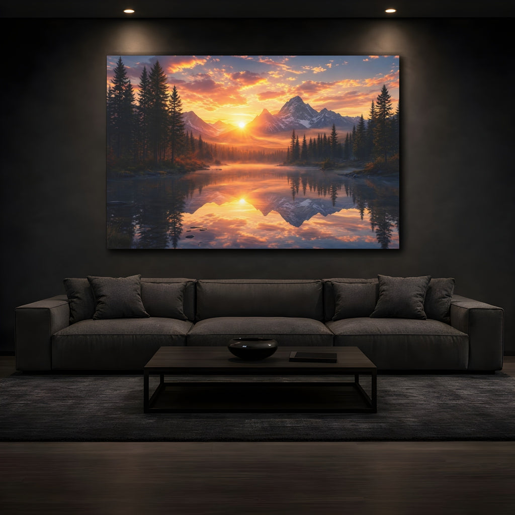 Mockup 3. Nature Mountain Lake Orange Sunset shown as stretched canvas wall art