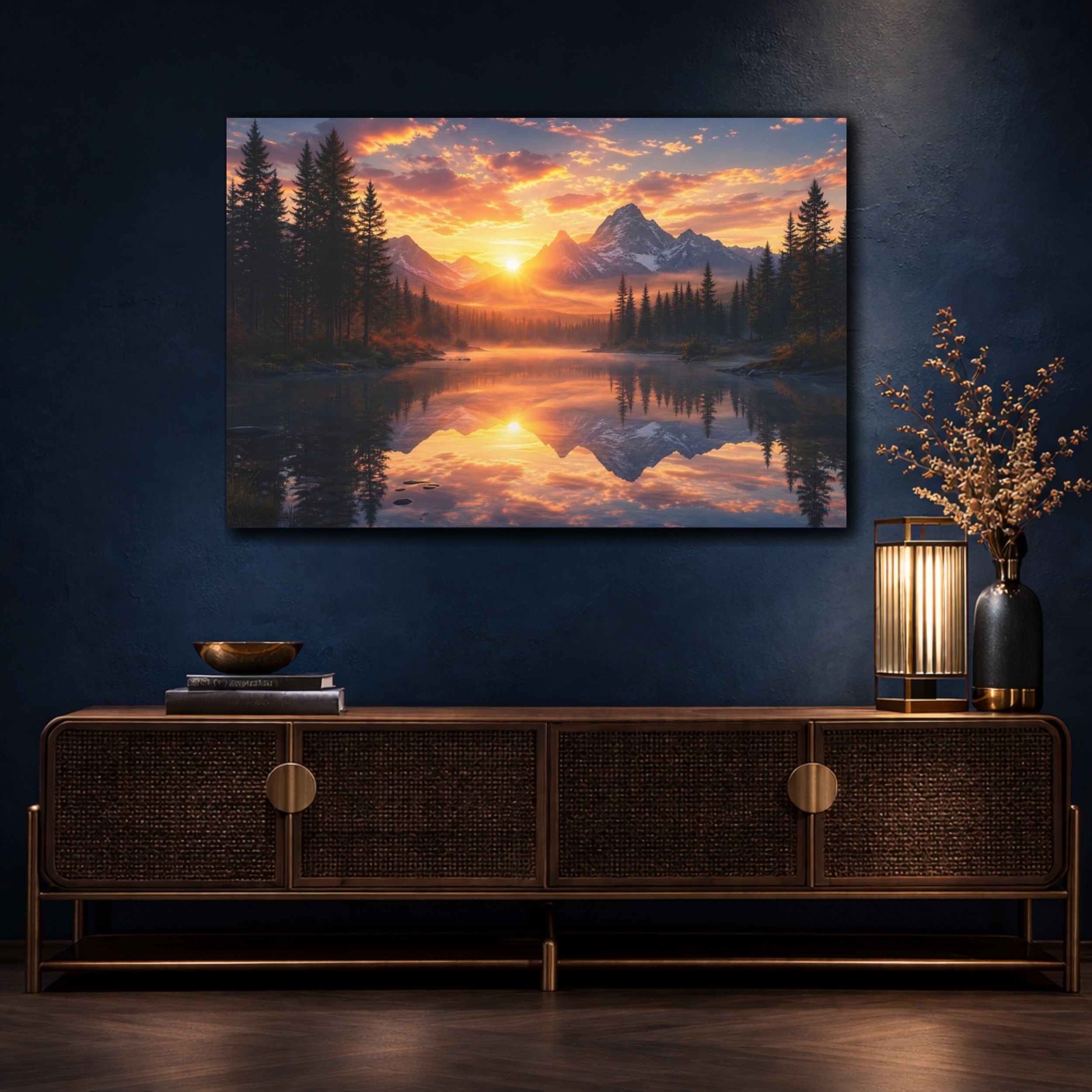 Mockup 4. Nature Mountain Lake Orange Sunset shown as stretched canvas wall art