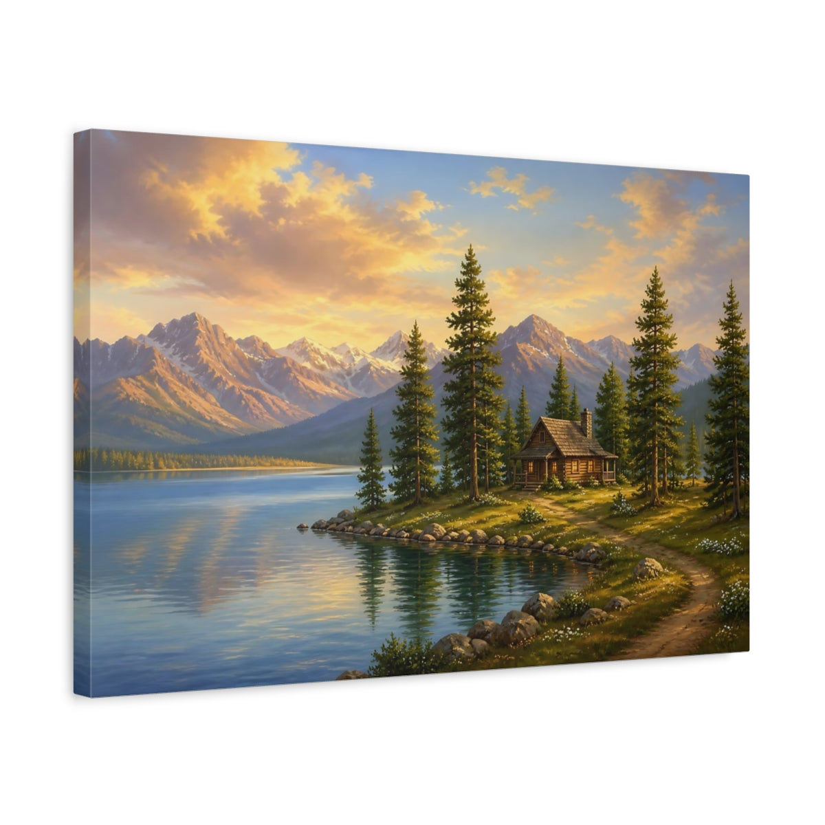 Side Mockup 3. Nature Mountain Lake Mountain Lake Sunset shown as stretched canvas wall art