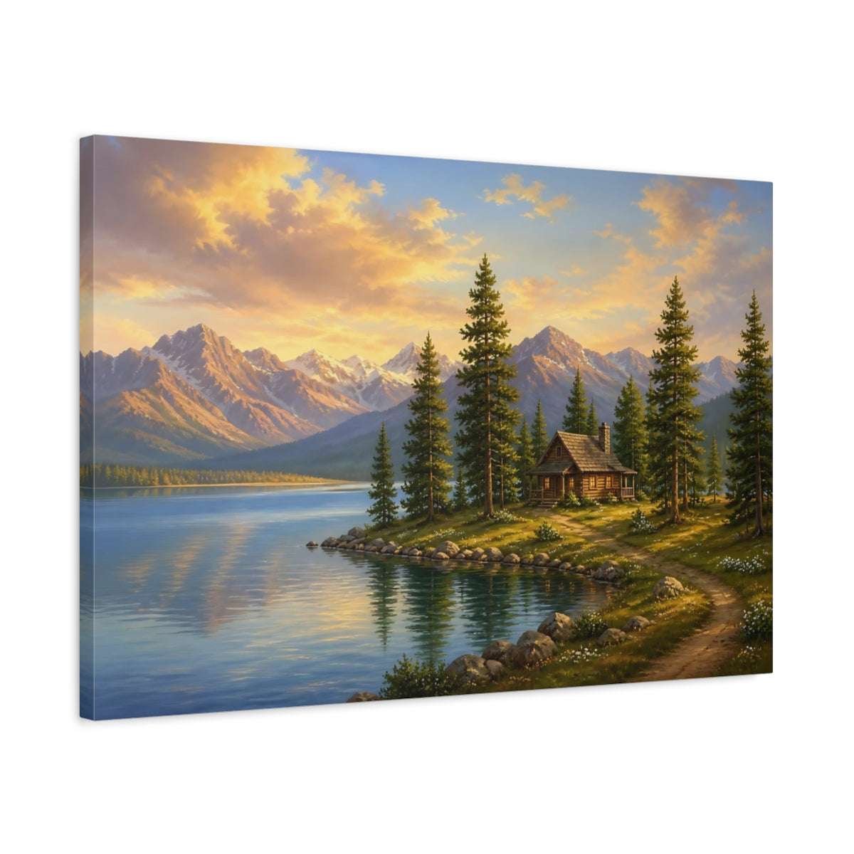Side Mockup 2. Nature Mountain Lake Mountain Lake Sunset shown as stretched canvas wall art