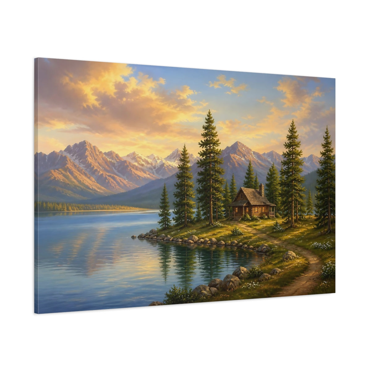 Side Mockup 1. Nature Mountain Lake Mountain Lake Sunset shown as stretched canvas wall art
