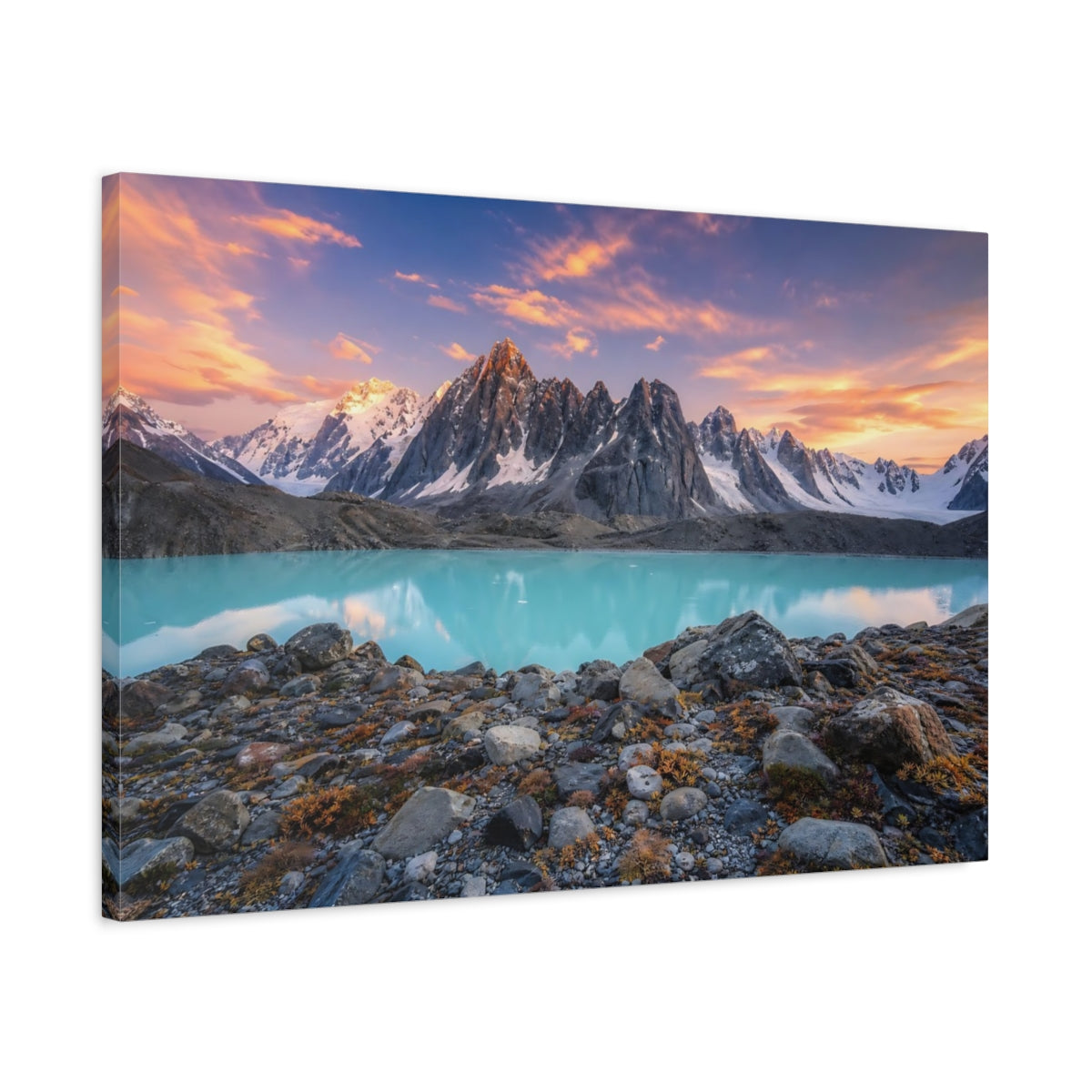 Side Mockup 2. Nature Mountain Lake Turquoise Lake Mountains shown as stretched canvas wall art