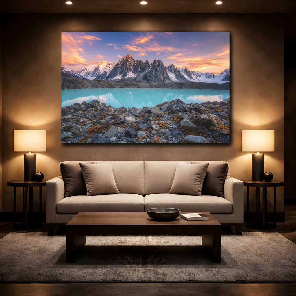 Mockup 2. Nature Mountain Lake Turquoise Lake Mountains shown as stretched canvas wall art
