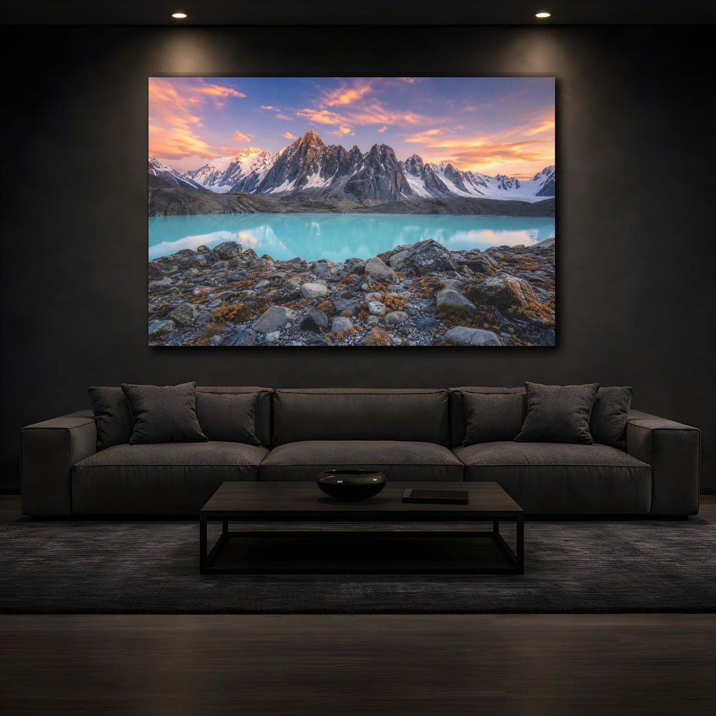 Mockup 3. Nature Mountain Lake Turquoise Lake Mountains shown as stretched canvas wall art