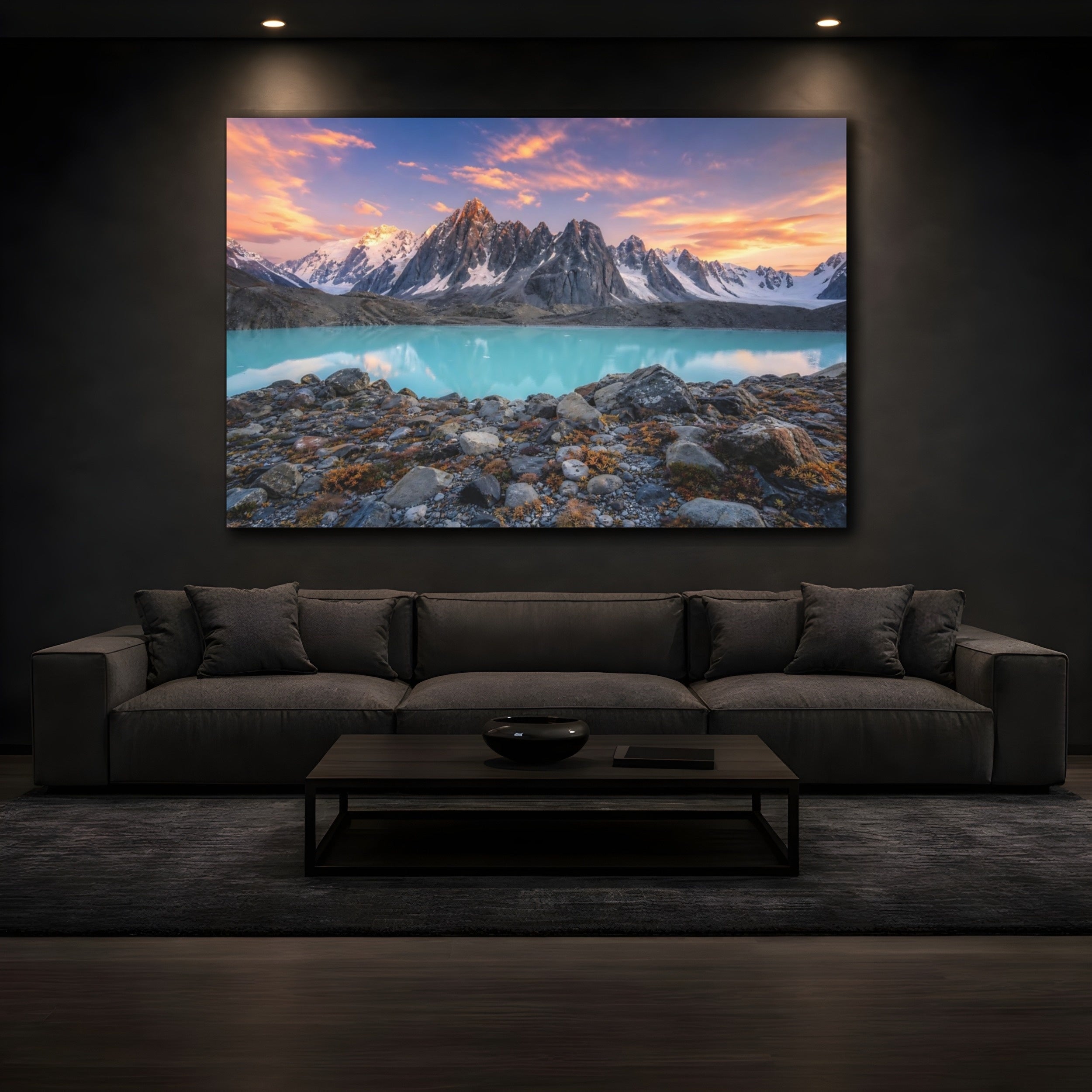 Mockup 3. Nature Mountain Lake Turquoise Lake Mountains shown as stretched canvas wall art