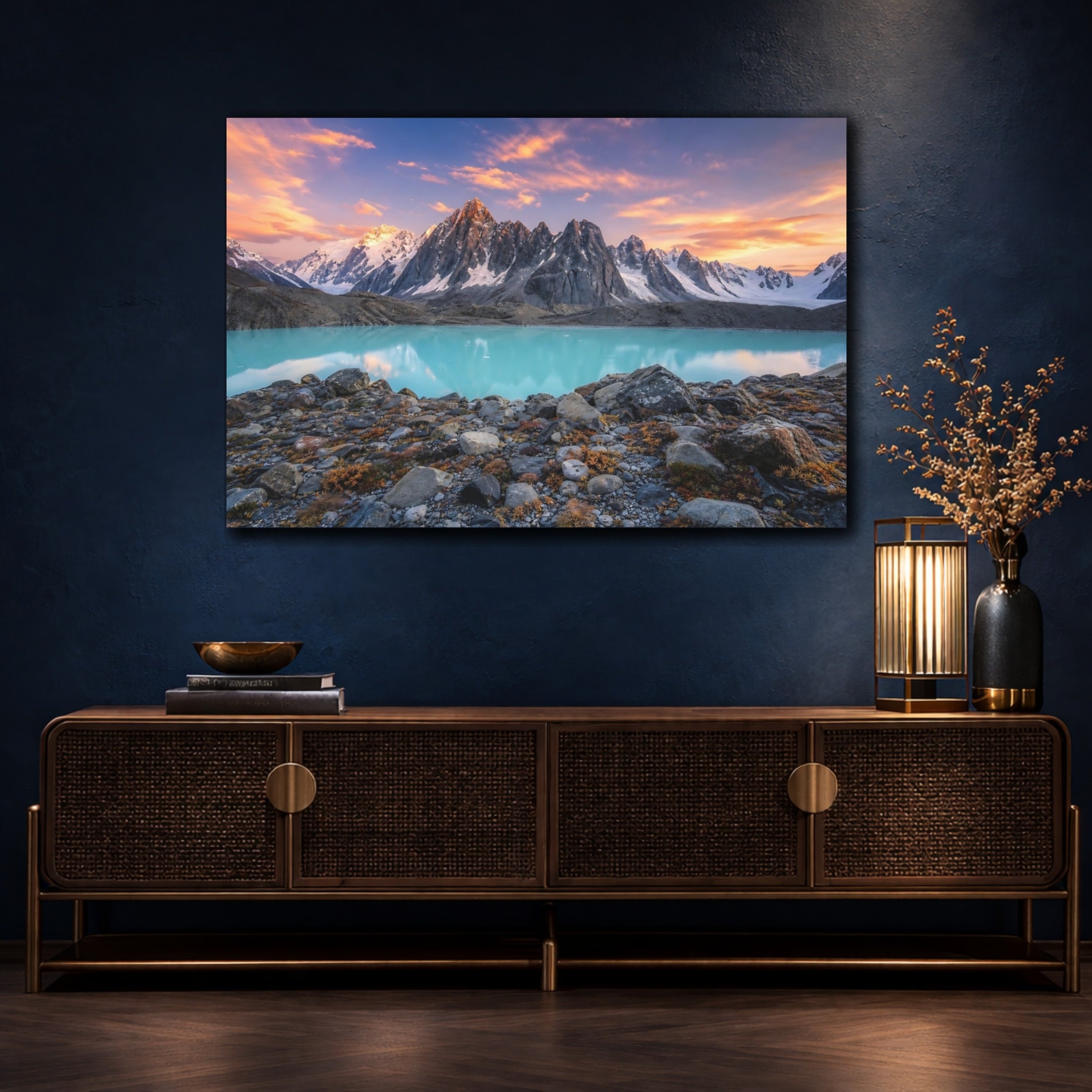 Mockup 4. Nature Mountain Lake Turquoise Lake Mountains shown as stretched canvas wall art