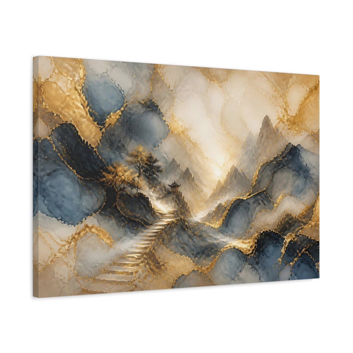 Side Mockup 2. Nature Mountain Landscape Gold Blue Landscape shown as stretched canvas wall art