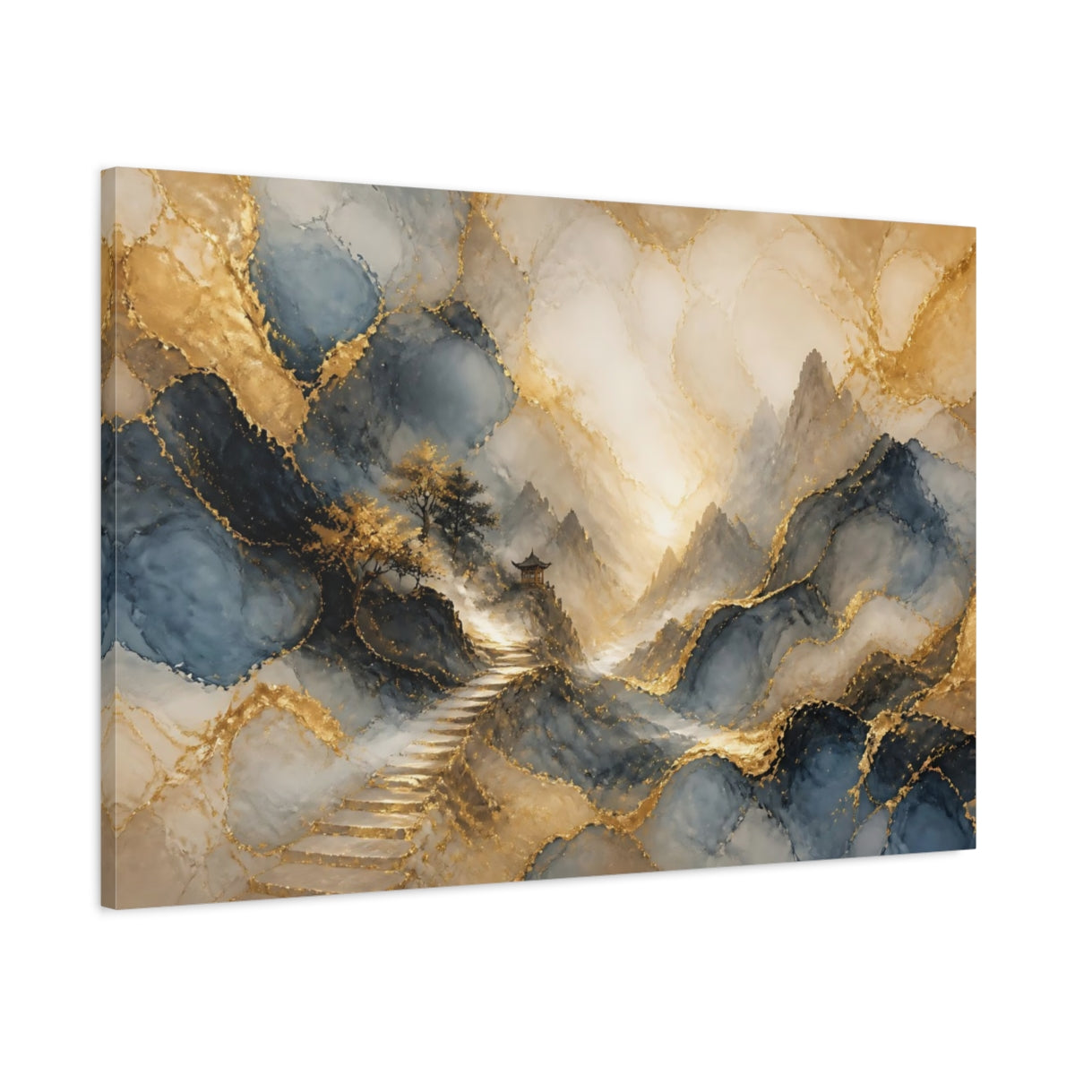 Main Mockup. Nature Mountain Landscape Gold Blue Landscape shown as stretched canvas wall art