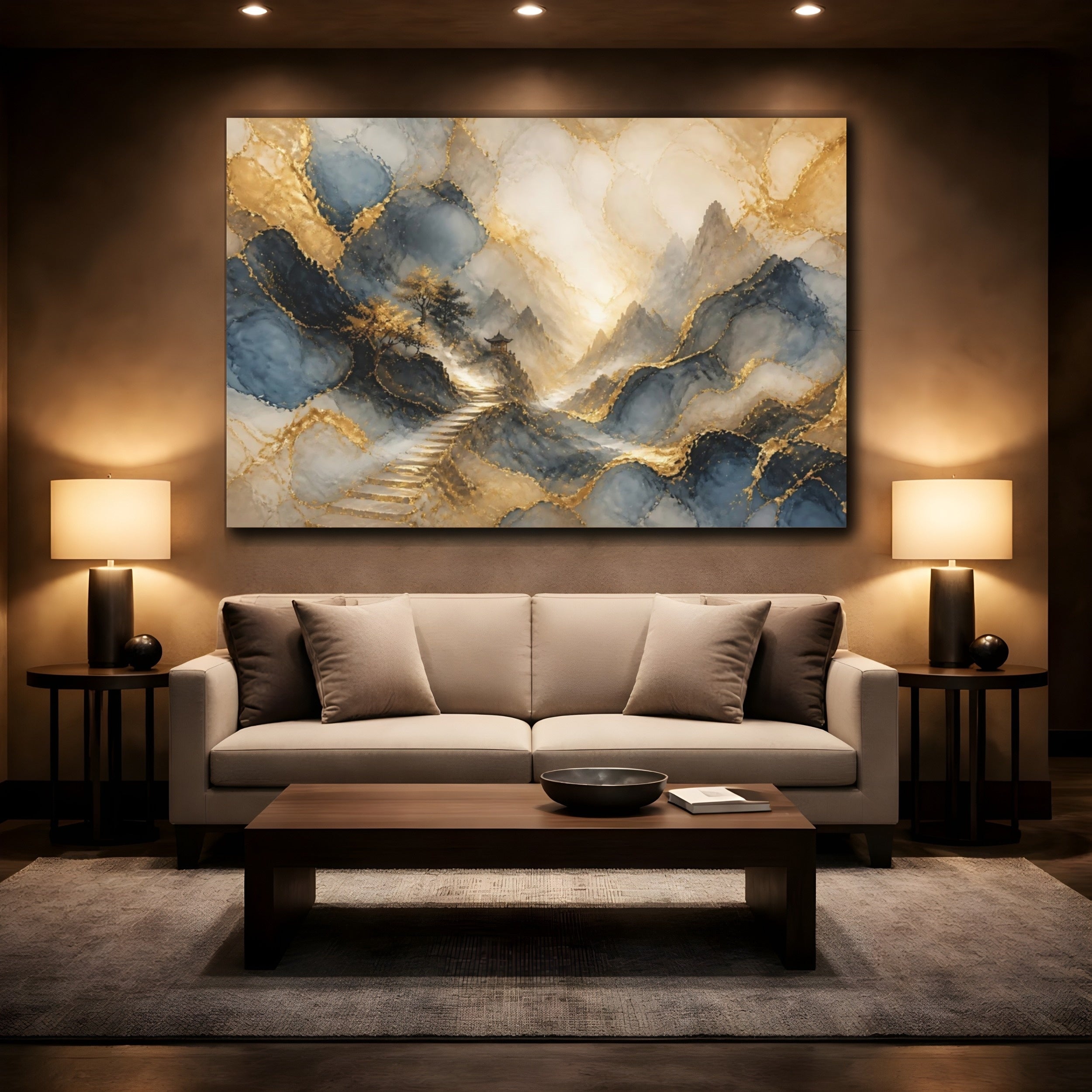 Mockup 2. Nature Mountain Landscape Gold Blue Landscape shown as stretched canvas wall art