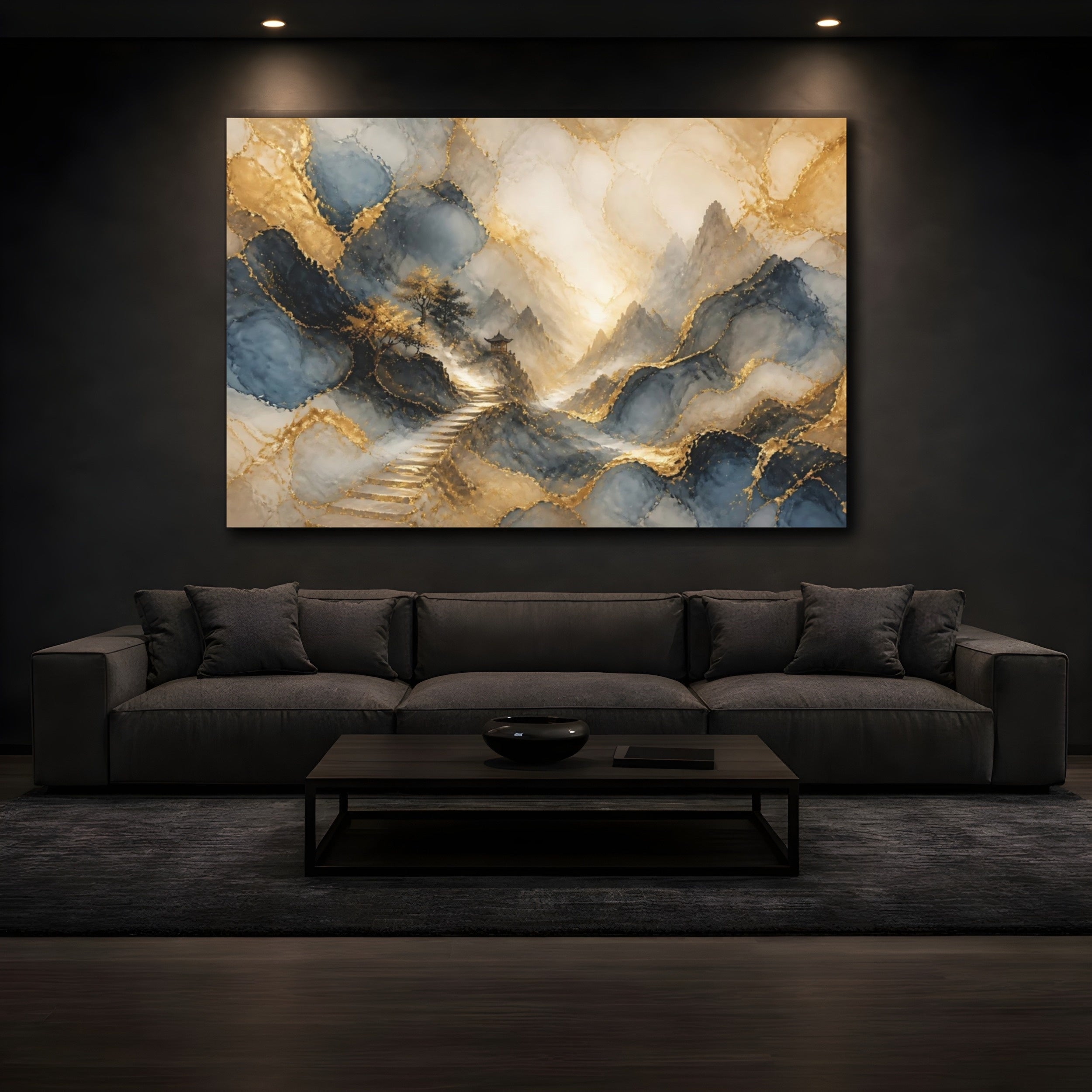 Mockup 3. Nature Mountain Landscape Gold Blue Landscape shown as stretched canvas wall art