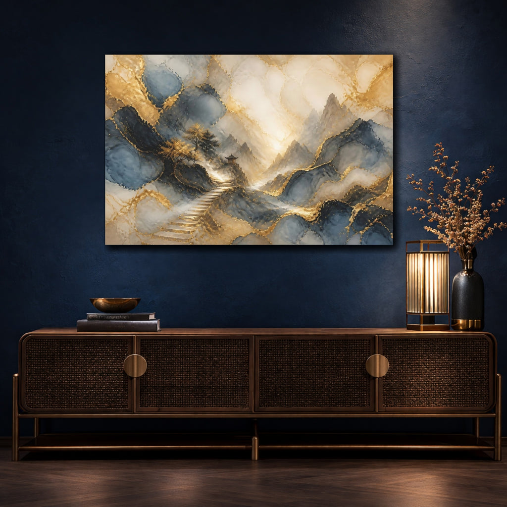 Mockup 4. Nature Mountain Landscape Gold Blue Landscape shown as stretched canvas wall art