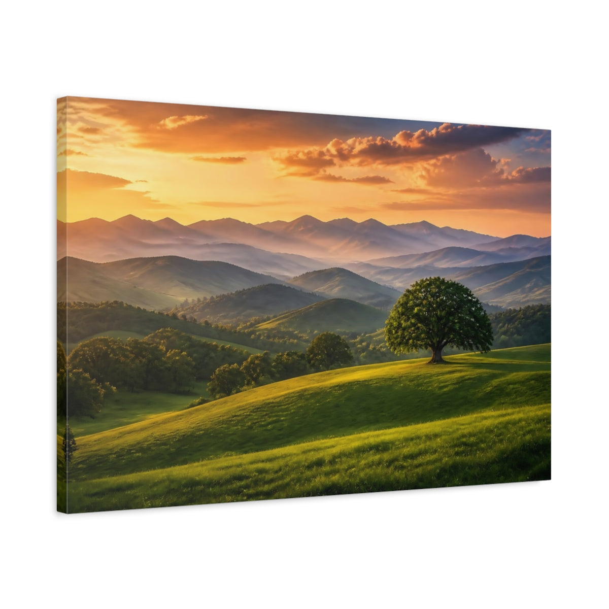 Side Mockup 2. Nature Mountain Landscape Green And Golden Landscape shown as stretched canvas wall art