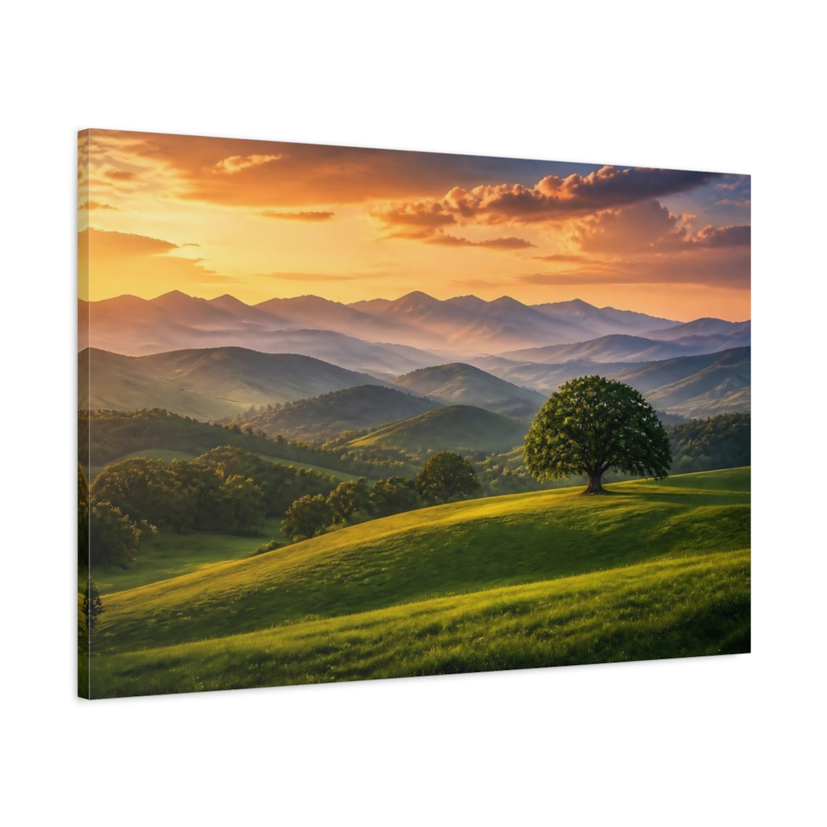 Main Mockup. Nature Mountain Landscape Green And Golden Landscape shown as stretched canvas wall art