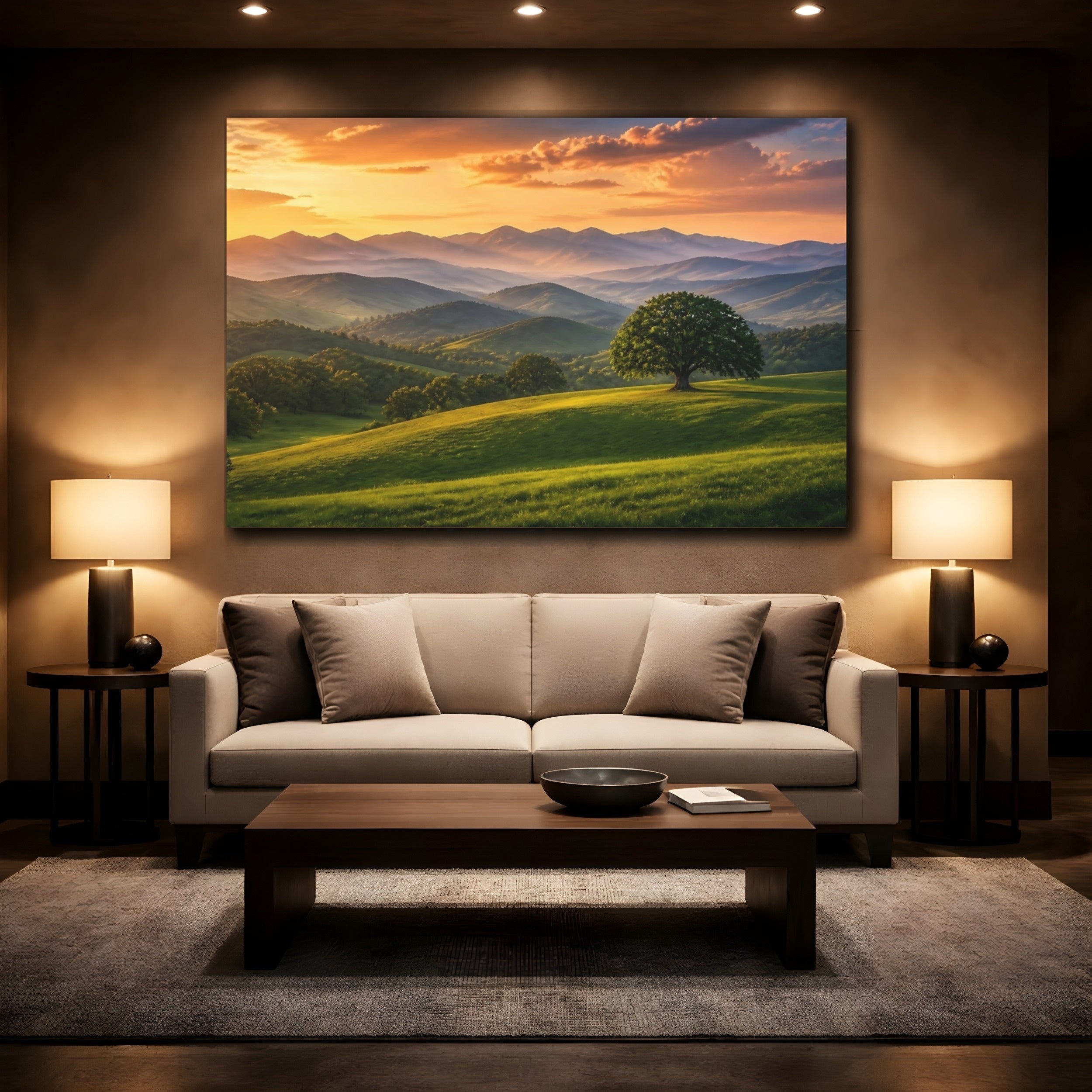 Mockup 2. Nature Mountain Landscape Green And Golden Landscape shown as stretched canvas wall art