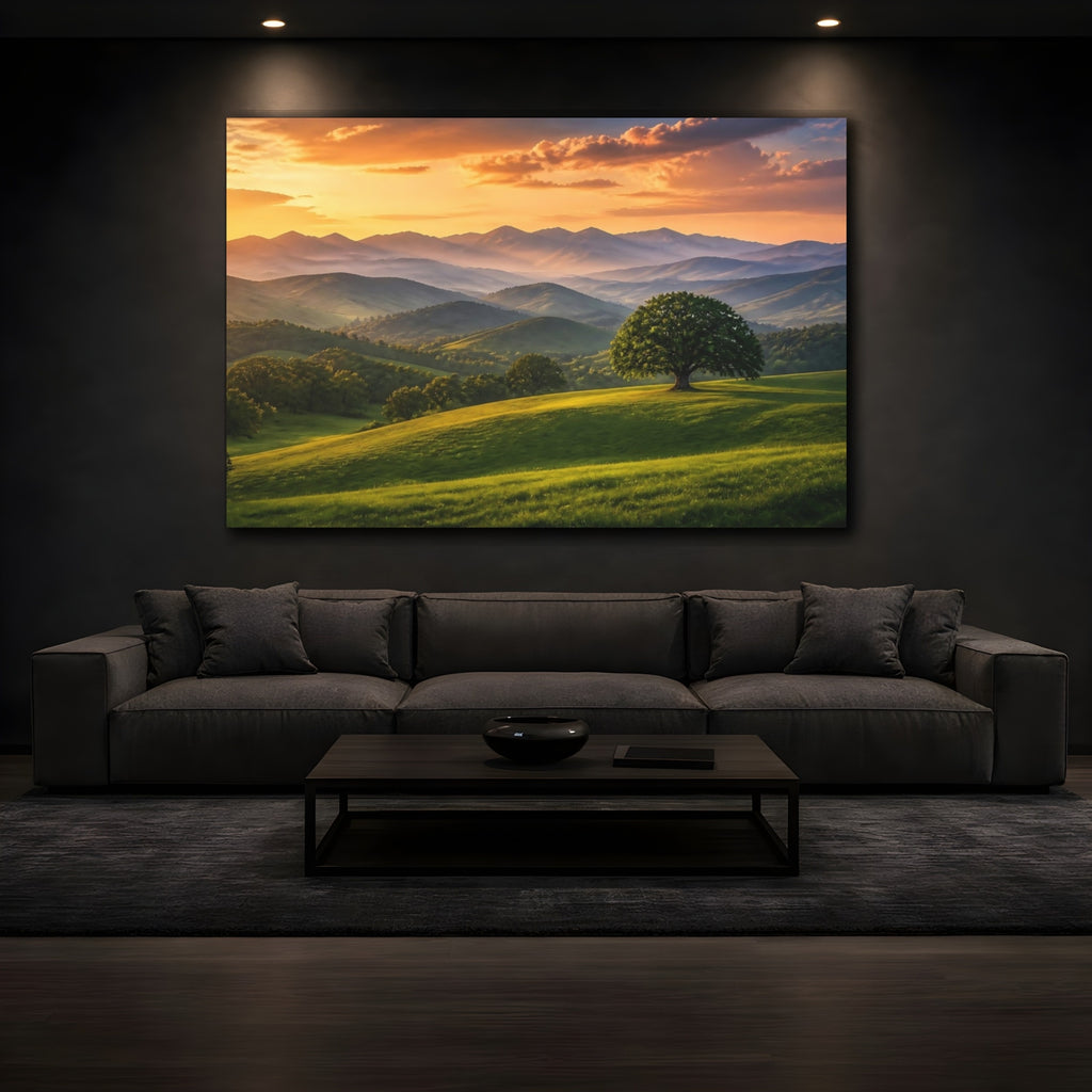 Mockup 3. Nature Mountain Landscape Green And Golden Landscape shown as stretched canvas wall art