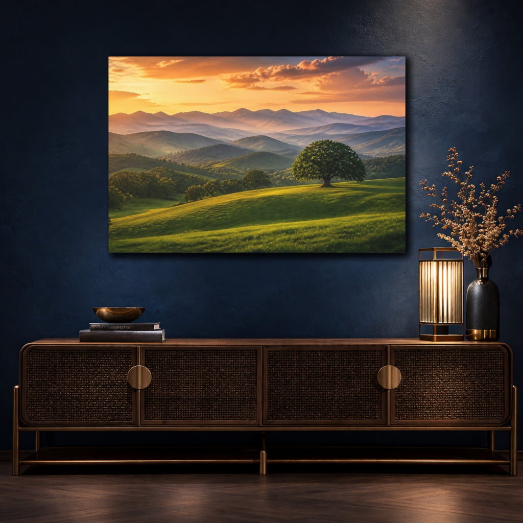 Mockup 4. Nature Mountain Landscape Green And Golden Landscape shown as stretched canvas wall art