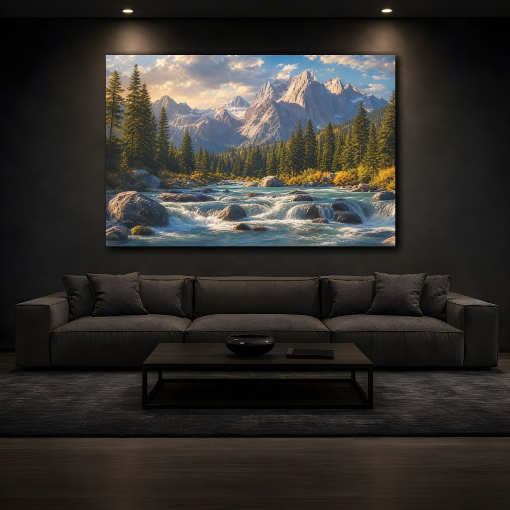 Mockup 3. Nature Mountain River Mountain River Scene shown as canvas print