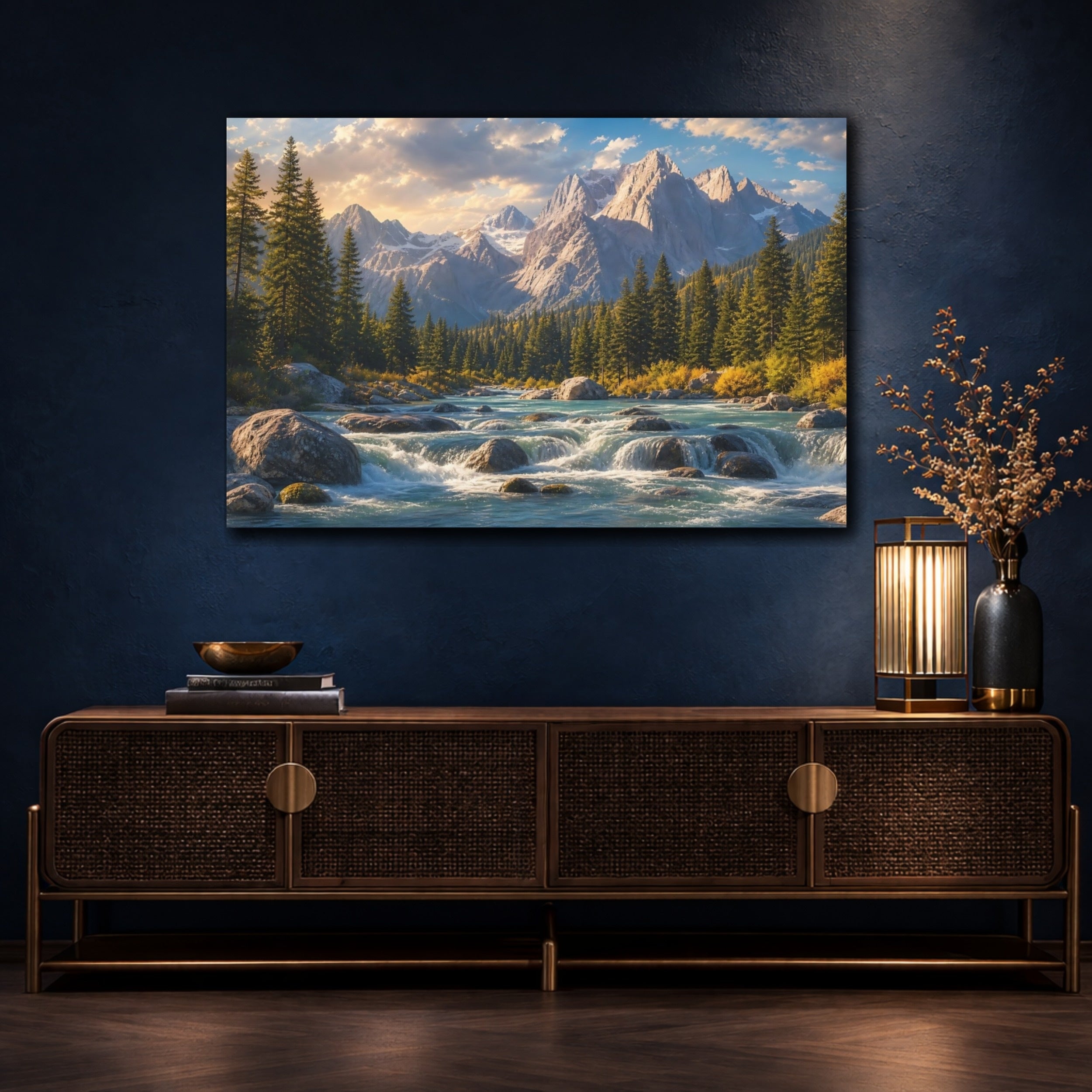 Mockup 4. Nature Mountain River Mountain River Scene shown as canvas print