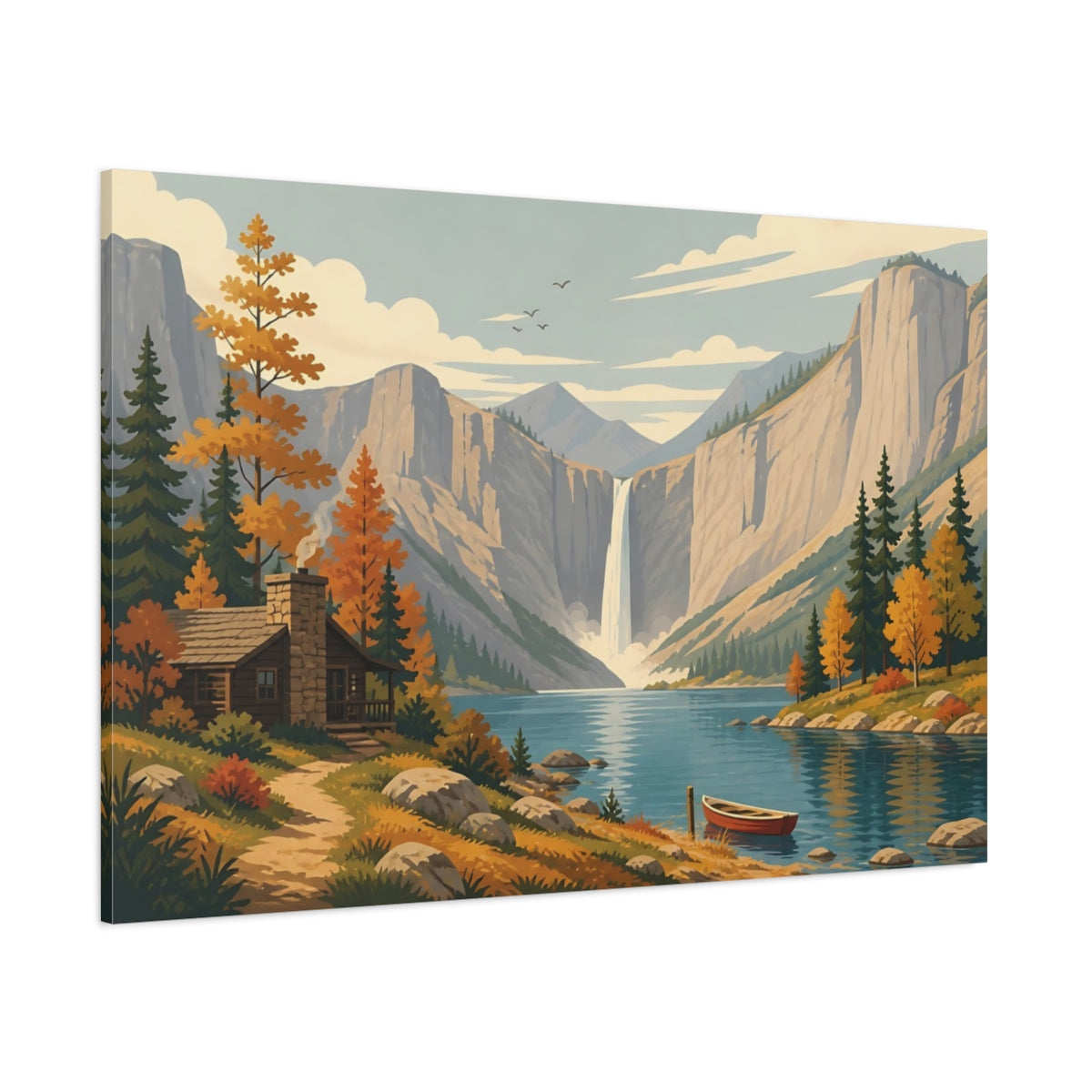 Side Mockup 1. Nature Mountain Waterfall Autumn Mountain Landscape shown as stretched canvas wall art