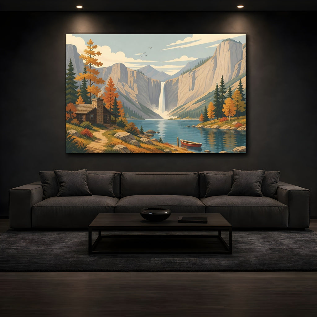 Mockup 3. Nature Mountain Waterfall Autumn Mountain Landscape shown as stretched canvas wall art