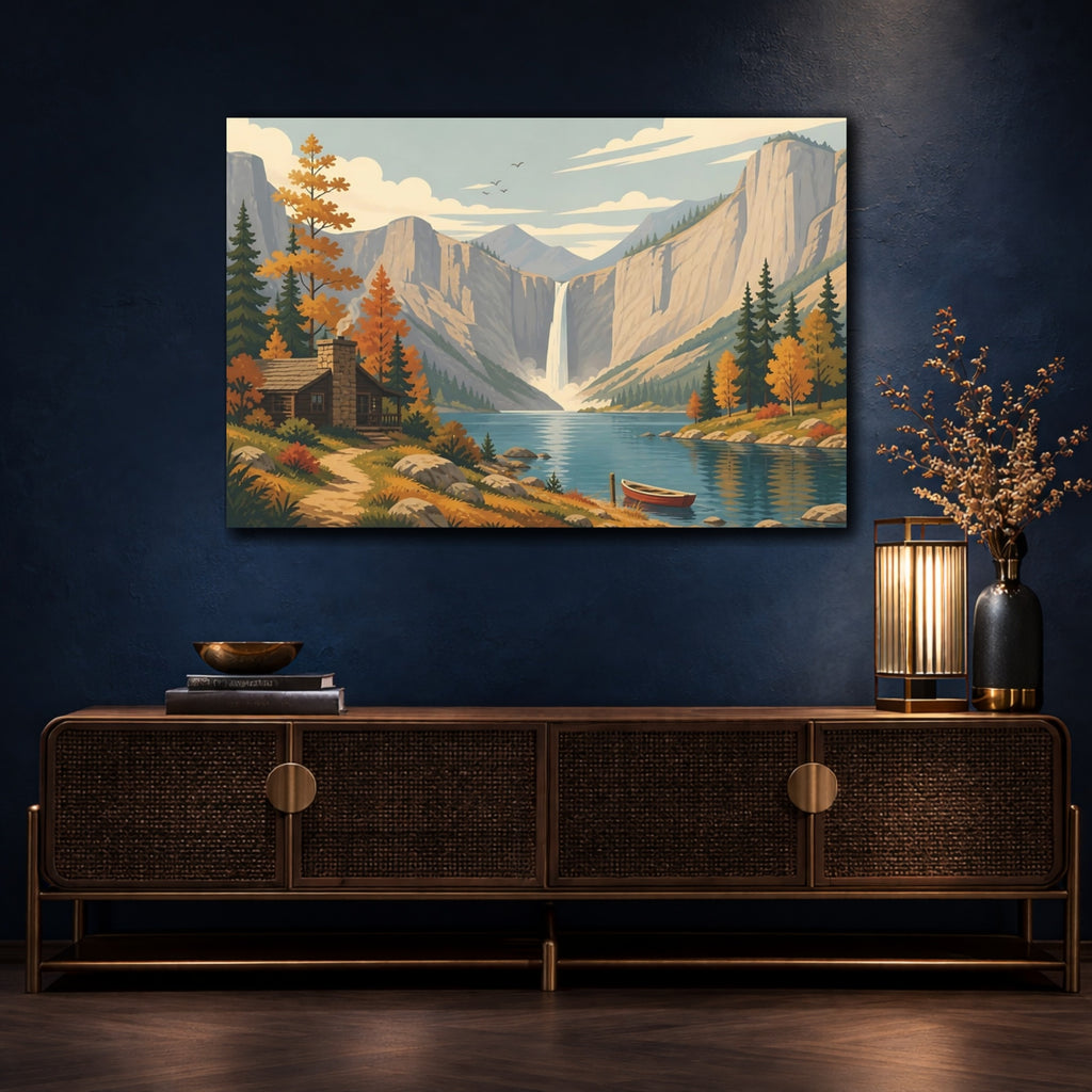 Mockup 4. Nature Mountain Waterfall Autumn Mountain Landscape shown as stretched canvas wall art