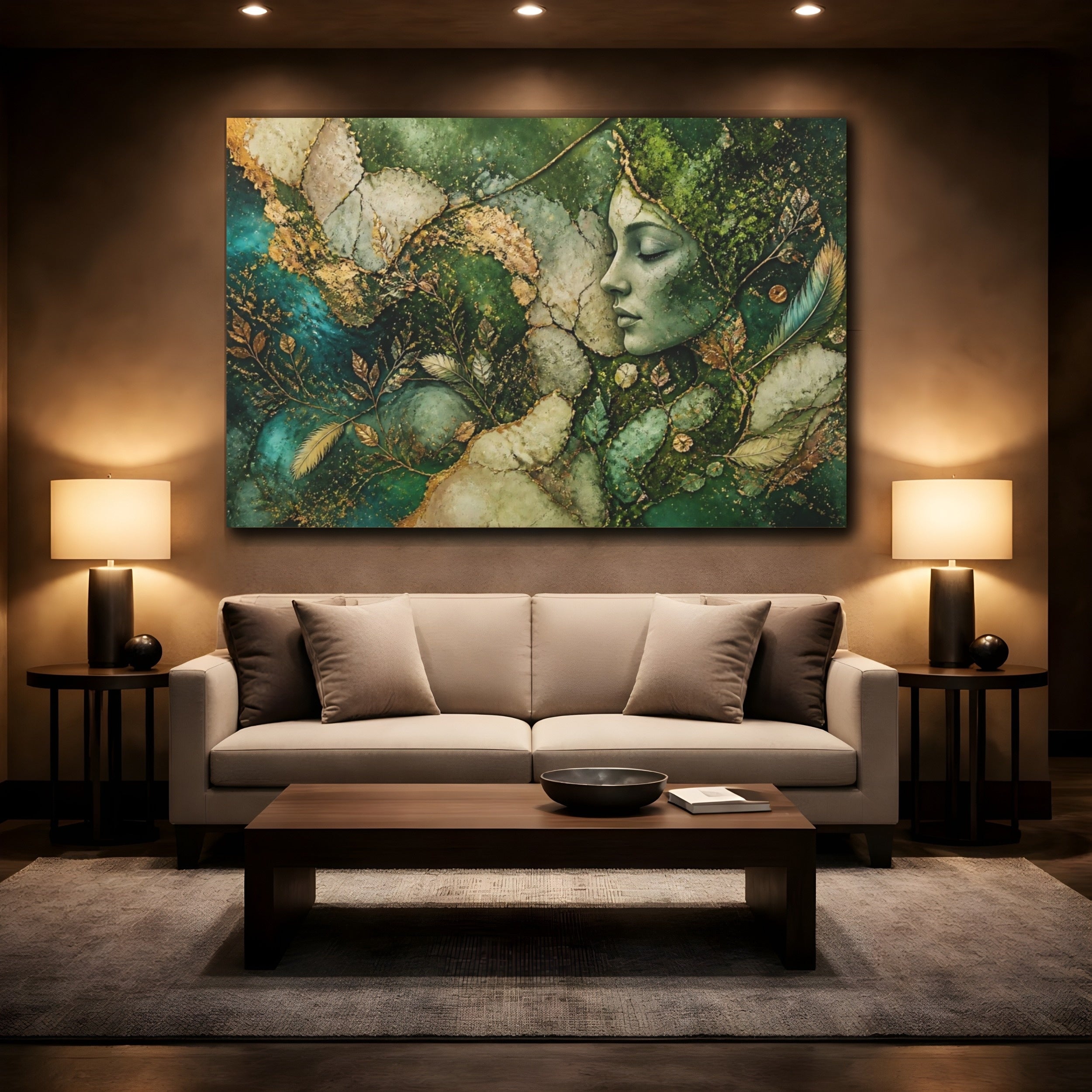 Mockup 2. Nature Nature Goddess Green And Gold Goddess shown as stretched canvas wall art