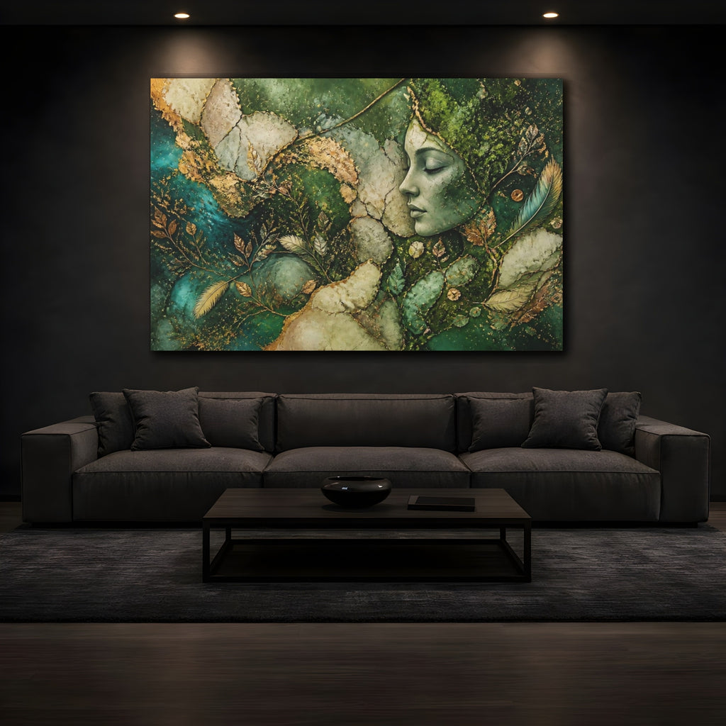 Mockup 3. Nature Nature Goddess Green And Gold Goddess shown as stretched canvas wall art