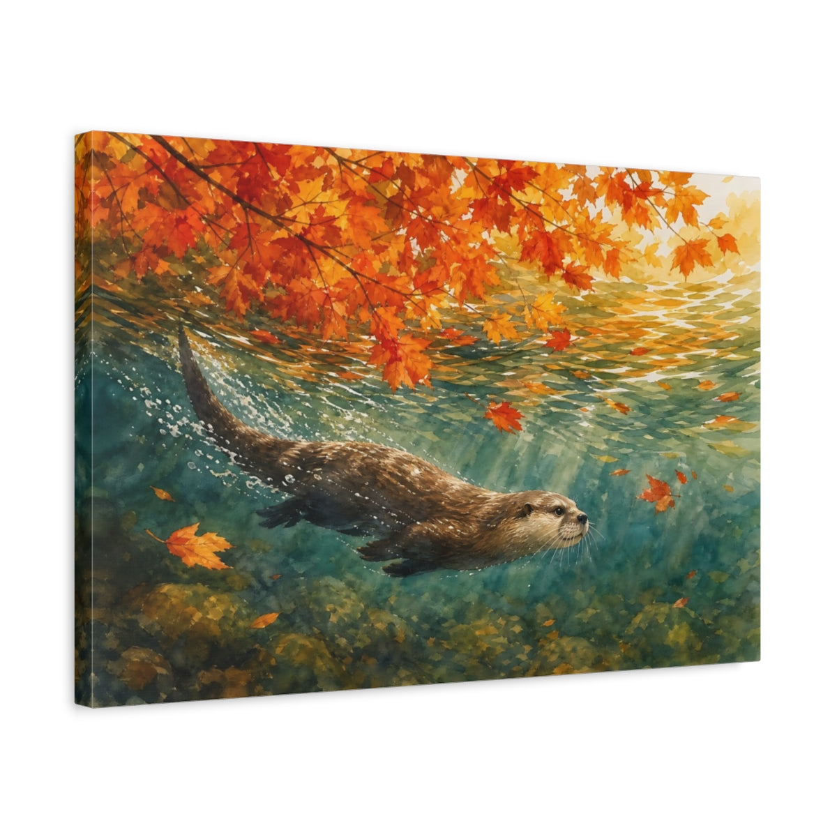 Side Mockup 3. Nature Otter Orange And Teal shown as canvas print