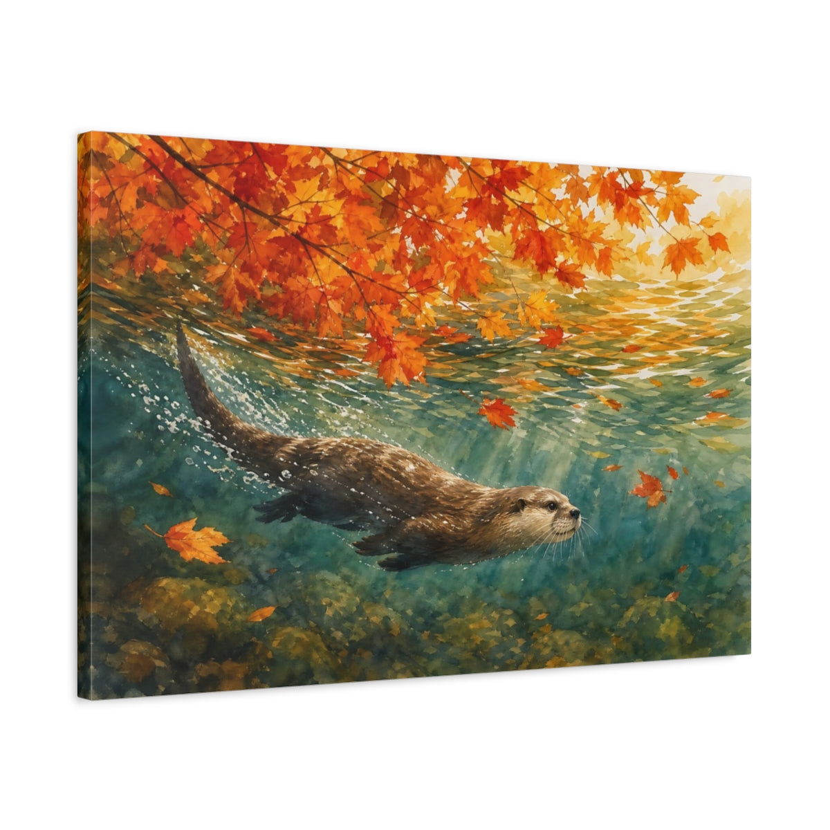 Side Mockup 2. Nature Otter Orange And Teal shown as canvas print