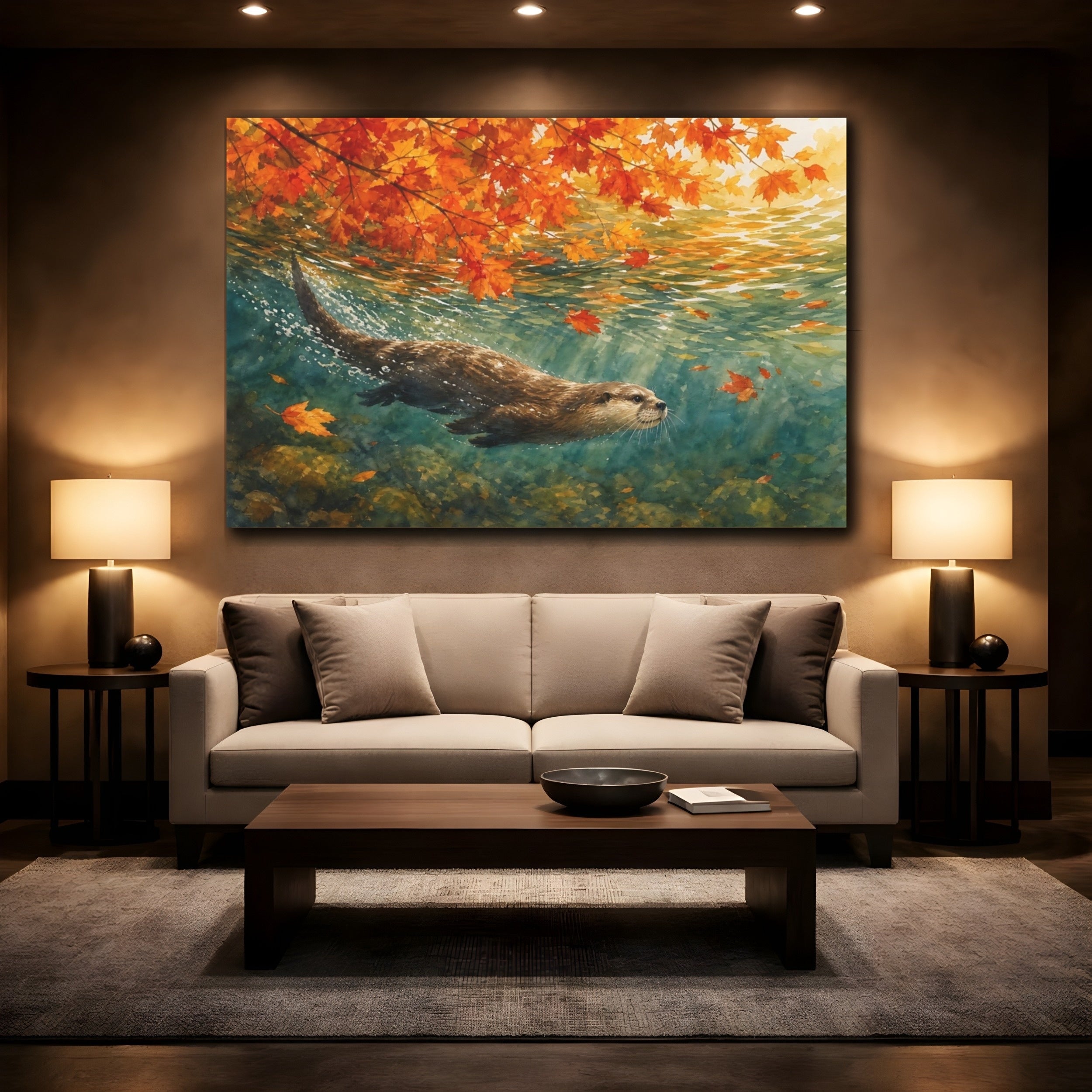Mockup 2. Nature Otter Orange And Teal shown as canvas print