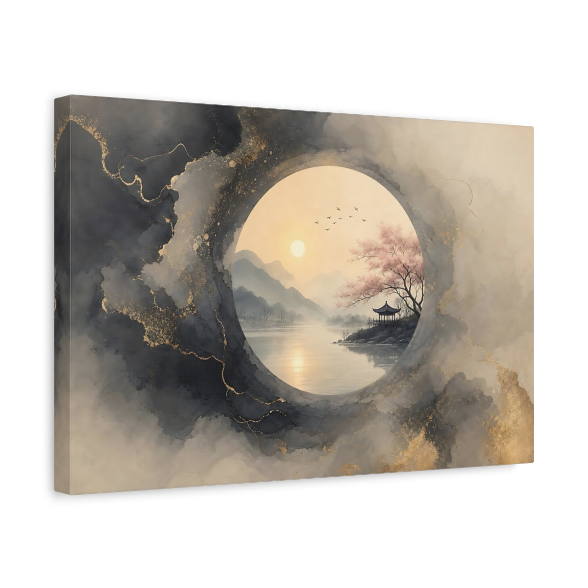 Side Mockup 4. Nature Pagoda Landscape Grey Gold Asian Landscape shown as stretched canvas wall art