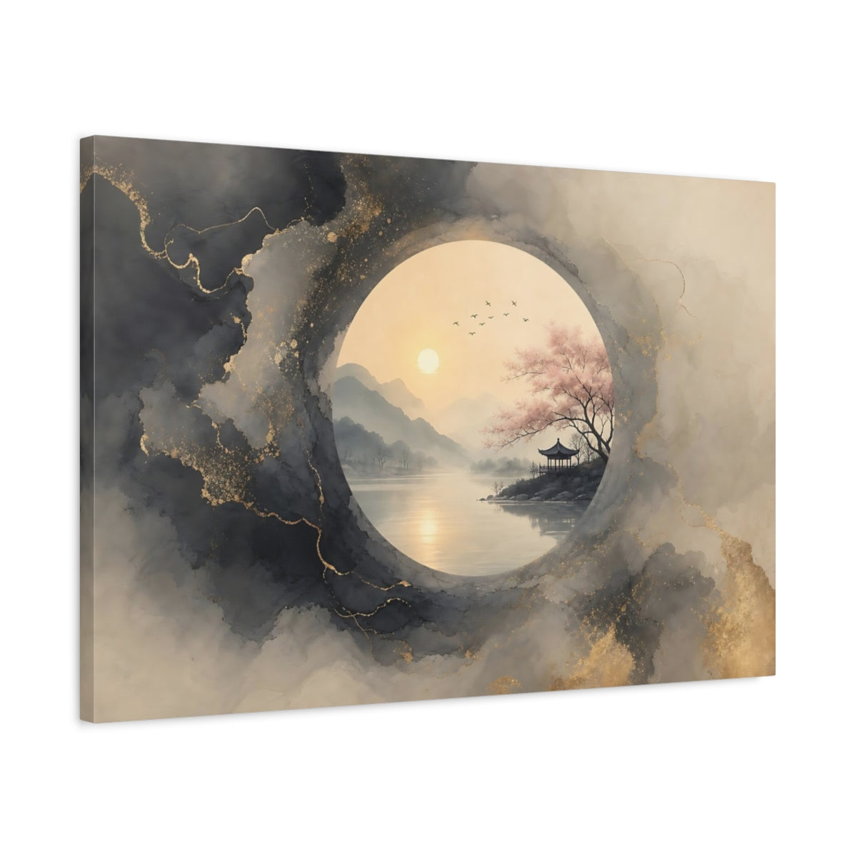 Side Mockup 2. Nature Pagoda Landscape Grey Gold Asian Landscape shown as stretched canvas wall art