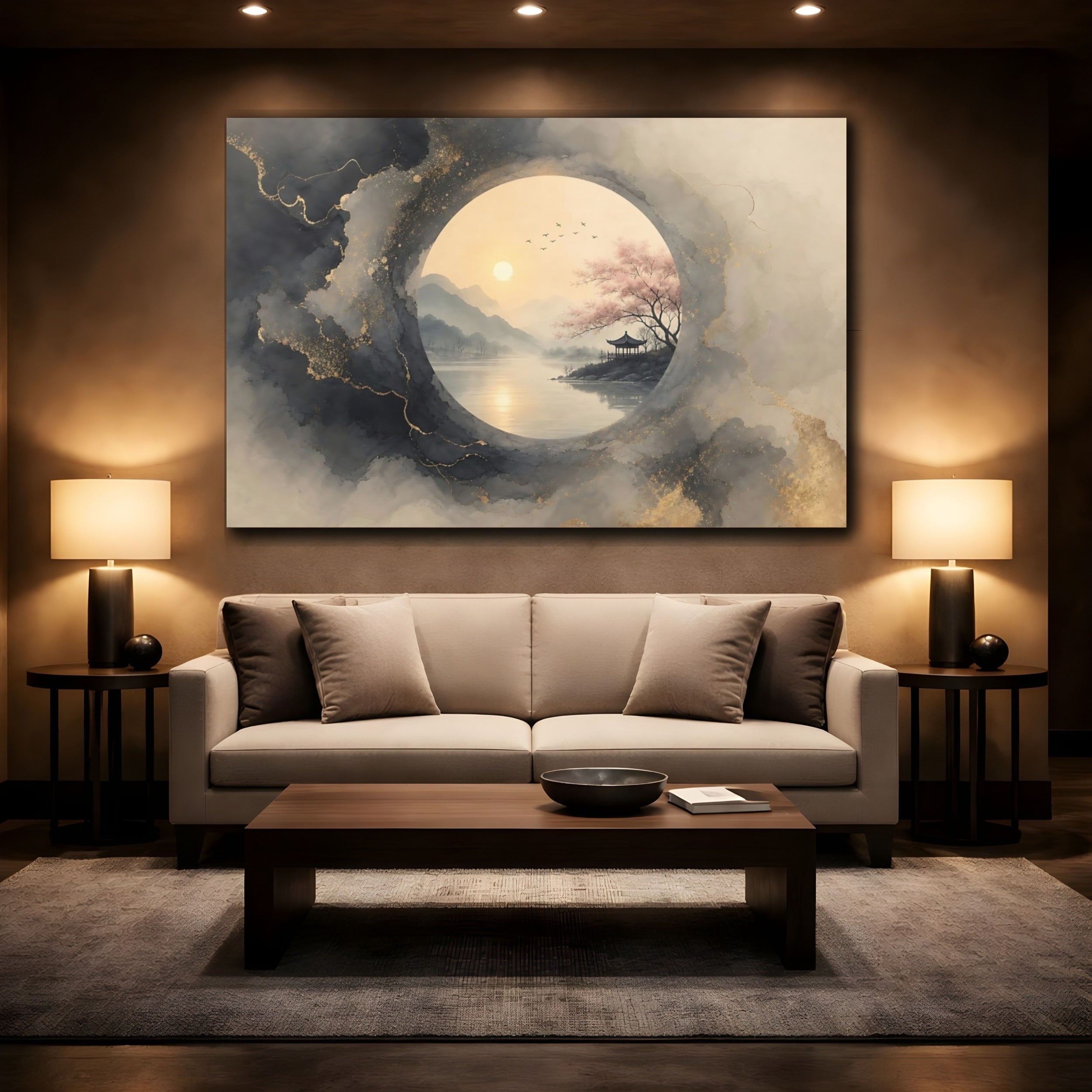 Mockup 2. Nature Pagoda Landscape Grey Gold Asian Landscape shown as stretched canvas wall art
