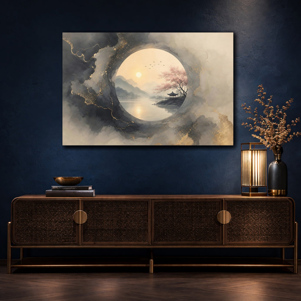 Mockup 4. Nature Pagoda Landscape Grey Gold Asian Landscape shown as stretched canvas wall art