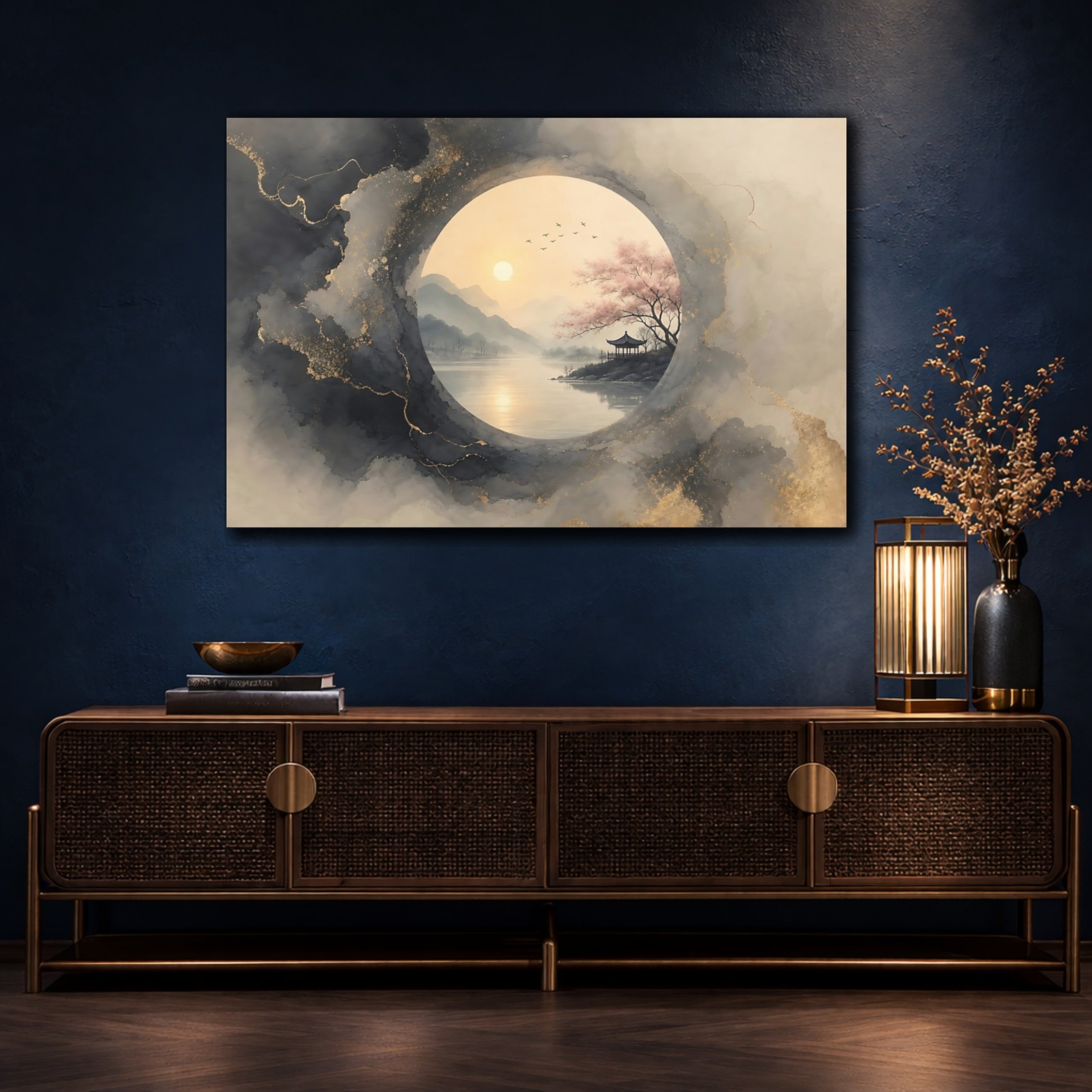 Mockup 4. Nature Pagoda Landscape Grey Gold Asian Landscape shown as stretched canvas wall art