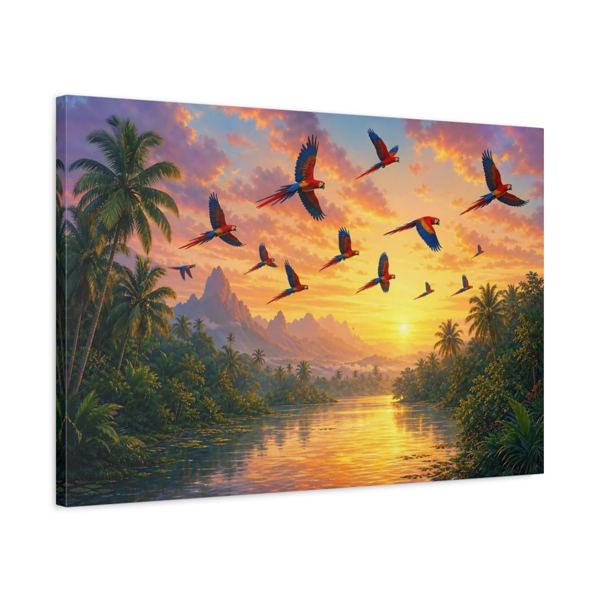 Side Mockup 2. Nature Parrots Tropical Sunset shown as canvas print