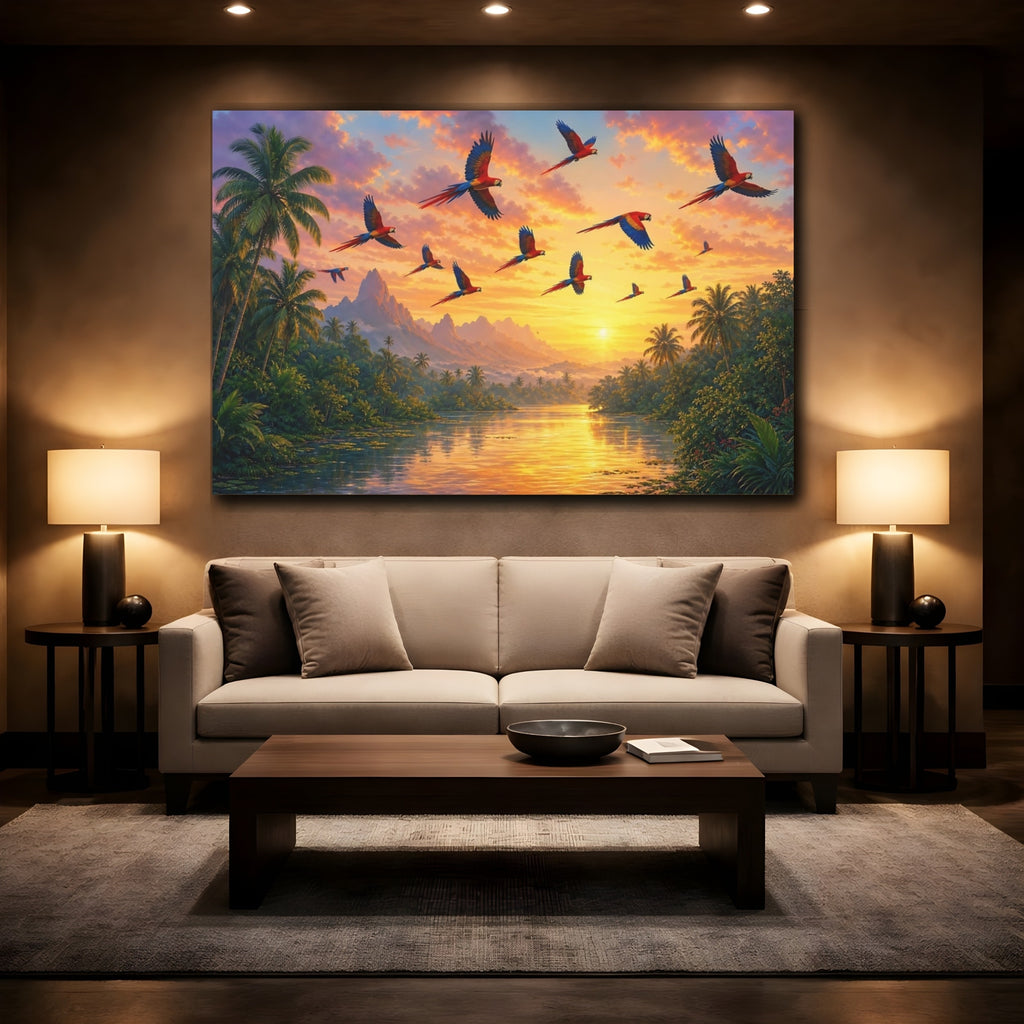 Mockup 2. Nature Parrots Tropical Sunset shown as canvas print