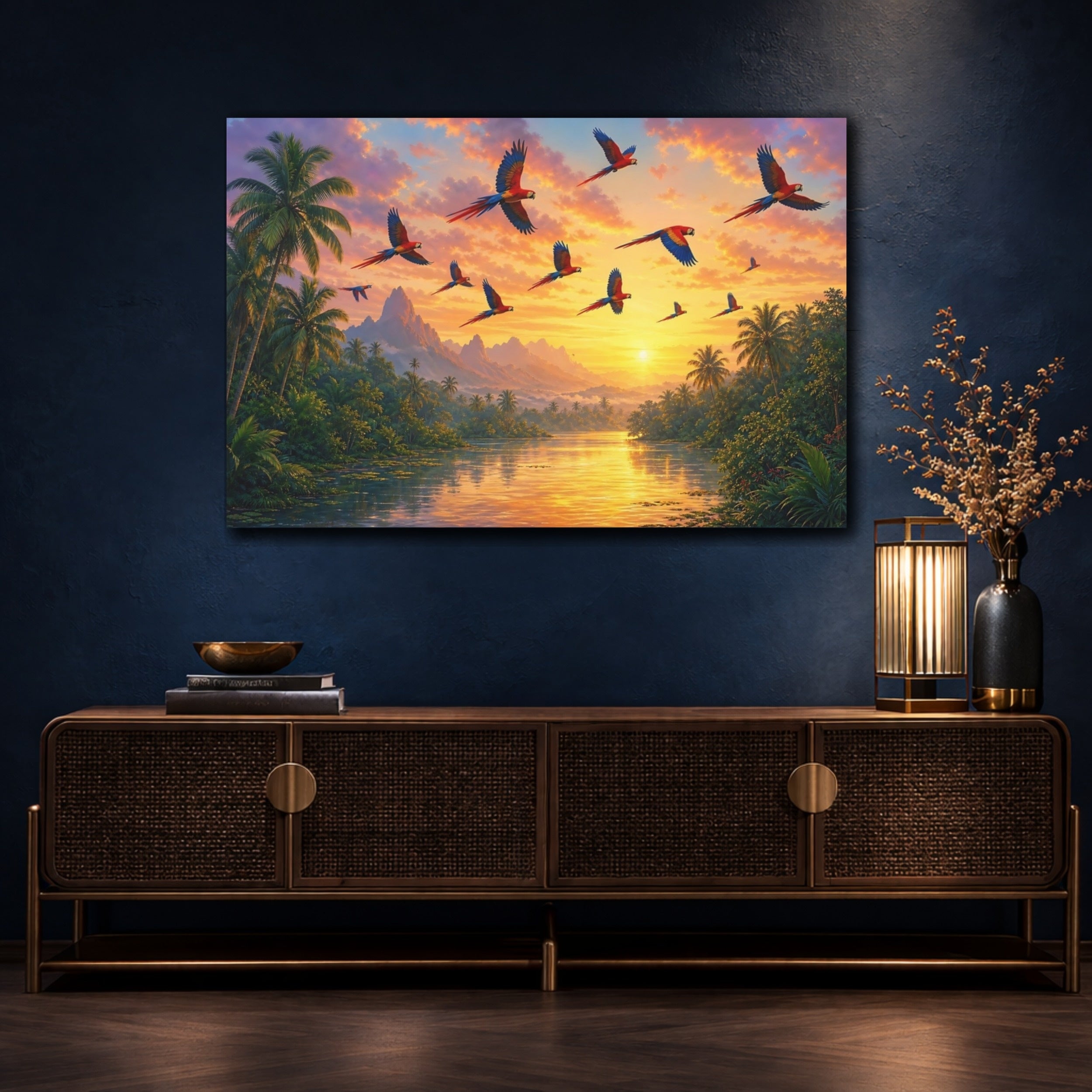 Mockup 4. Nature Parrots Tropical Sunset shown as canvas print