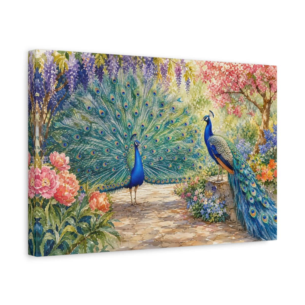 Side Mockup 4. Nature Peacocks Vibrant Peacock Garden shown as canvas print