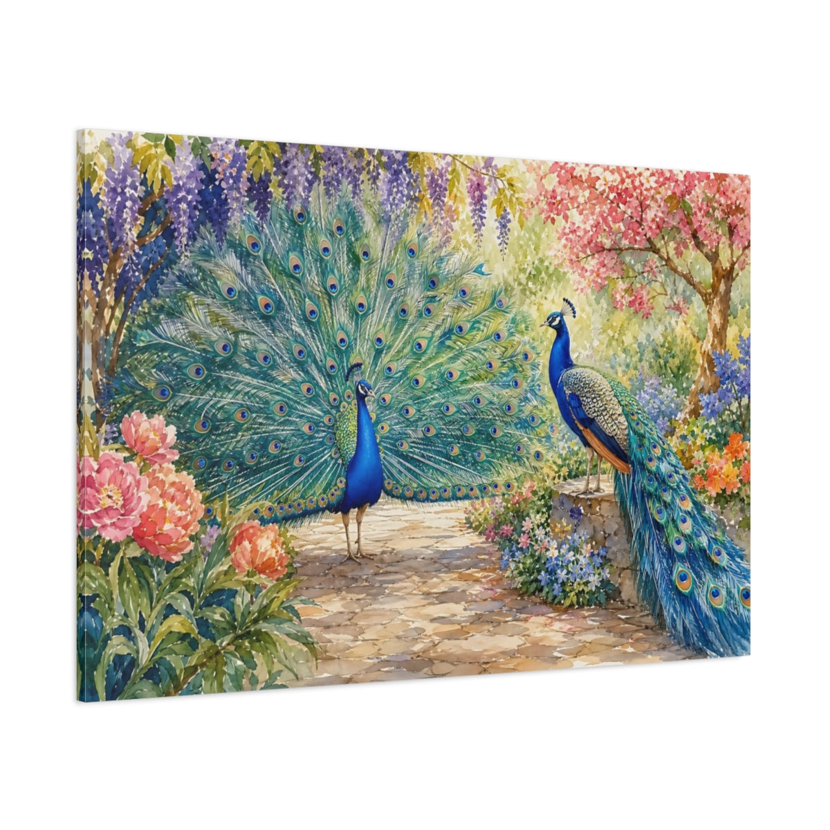 Side Mockup 1. Nature Peacocks Vibrant Peacock Garden shown as canvas print