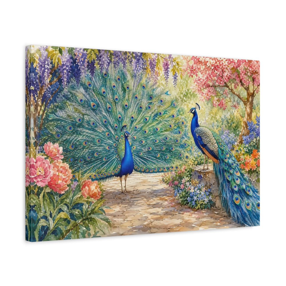 Side Mockup 3. Nature Peacocks Vibrant Peacock Garden shown as canvas print