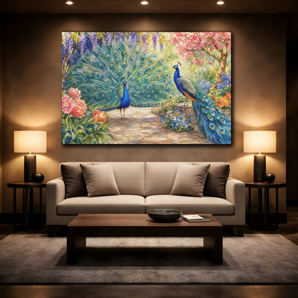 Mockup 2. Nature Peacocks Vibrant Peacock Garden shown as canvas print