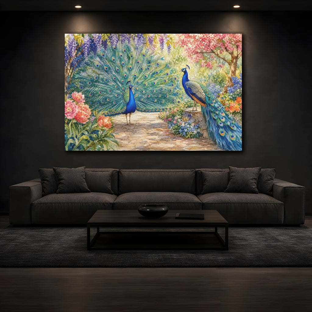 Mockup 3. Nature Peacocks Vibrant Peacock Garden shown as canvas print