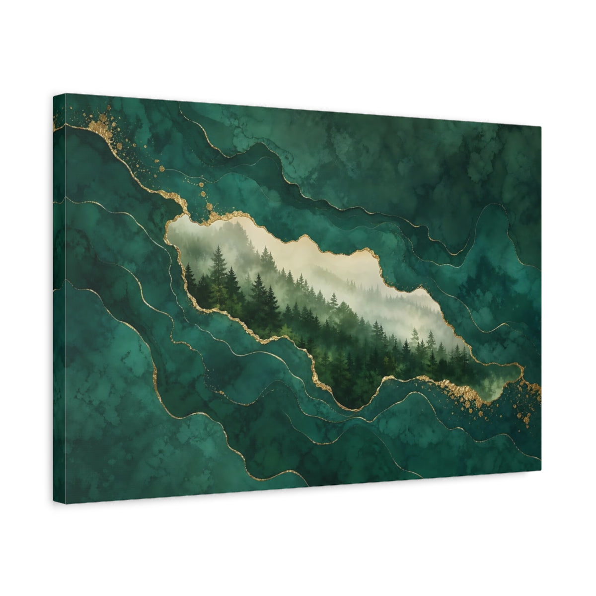 Side Mockup 3. Nature Pine Forest Green And Gold shown as stretched canvas wall art