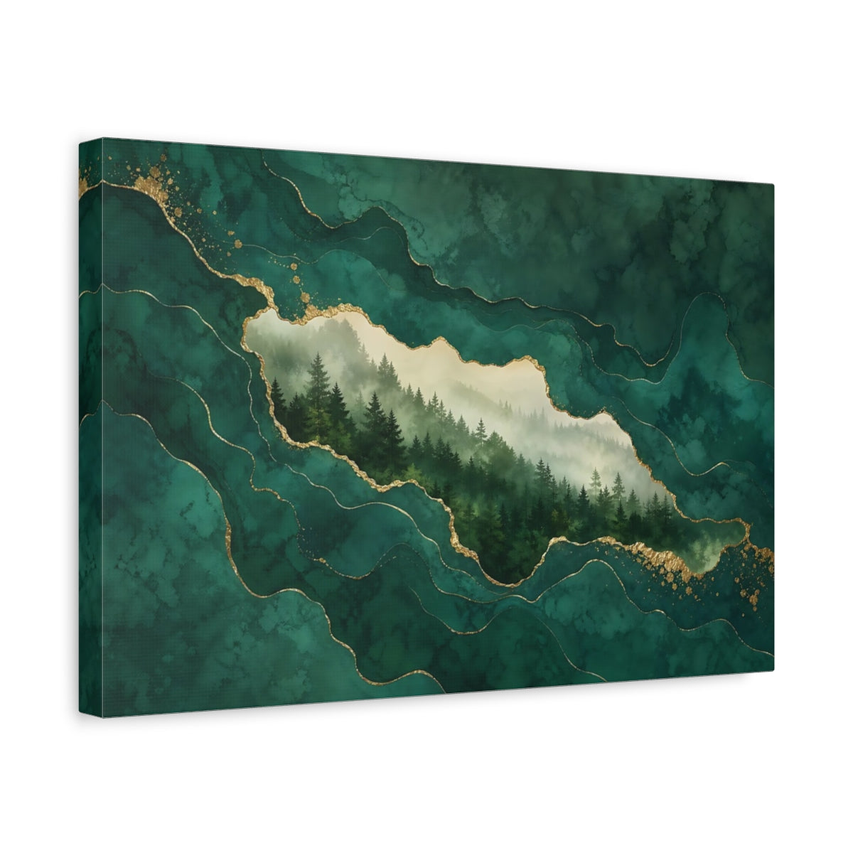Side Mockup 4. Nature Pine Forest Green And Gold shown as stretched canvas wall art